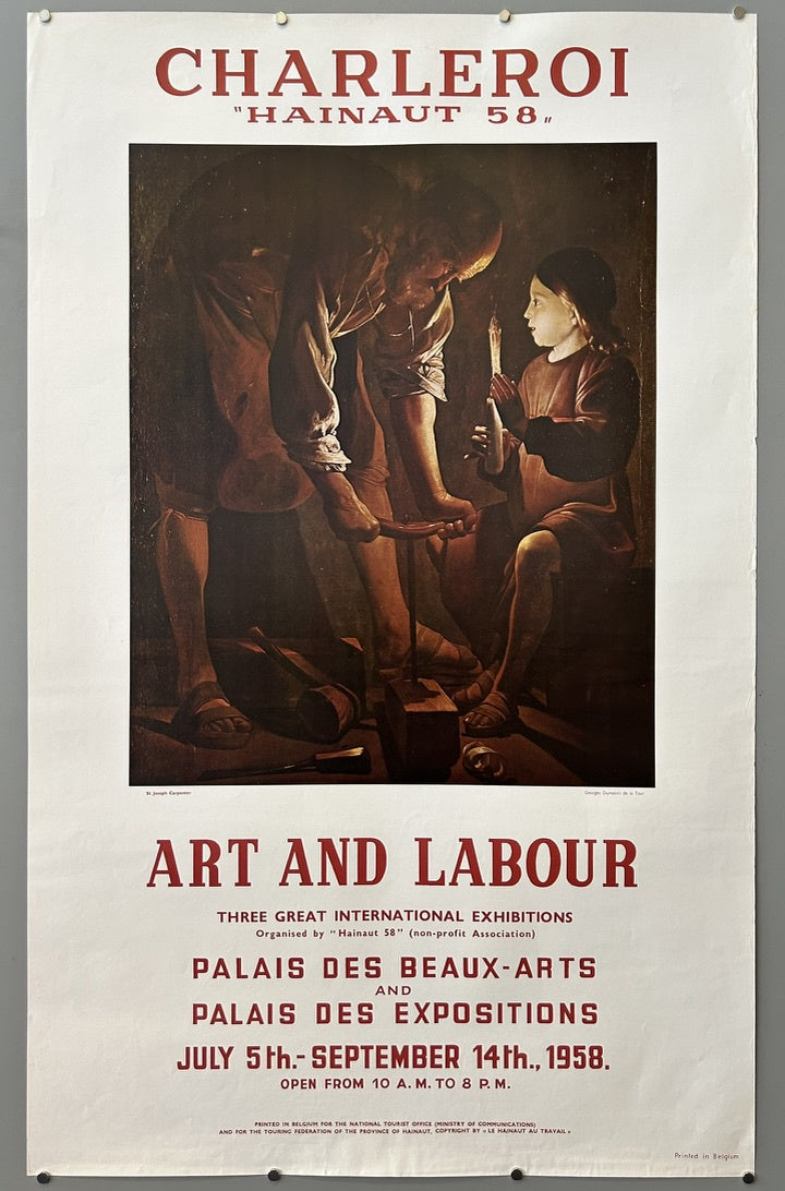 The central image of the poster depicts "Joseph the Carpenter," a notable painting by Georges de La Tour, created around 1645. This painting portrays Saint Joseph working as a carpenter while a young Jesus holds a candle, illuminating the scene.