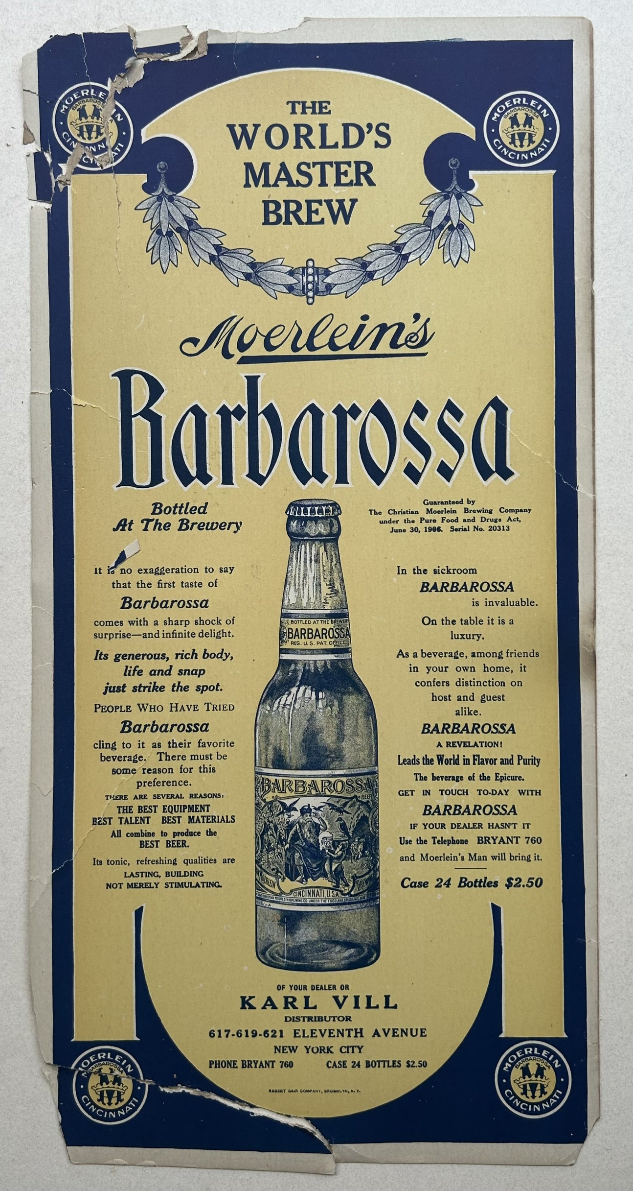An old, yellowed advertisement for Moerlein's Barbarossa Beer. The ad features a large, central illustration of a bottle of Barbarossa beer. Text surrounding the bottle extols the virtues of the beer, including its "generous, rich body, life and snap," and claims it "Leads the World in Flavor and Purity."