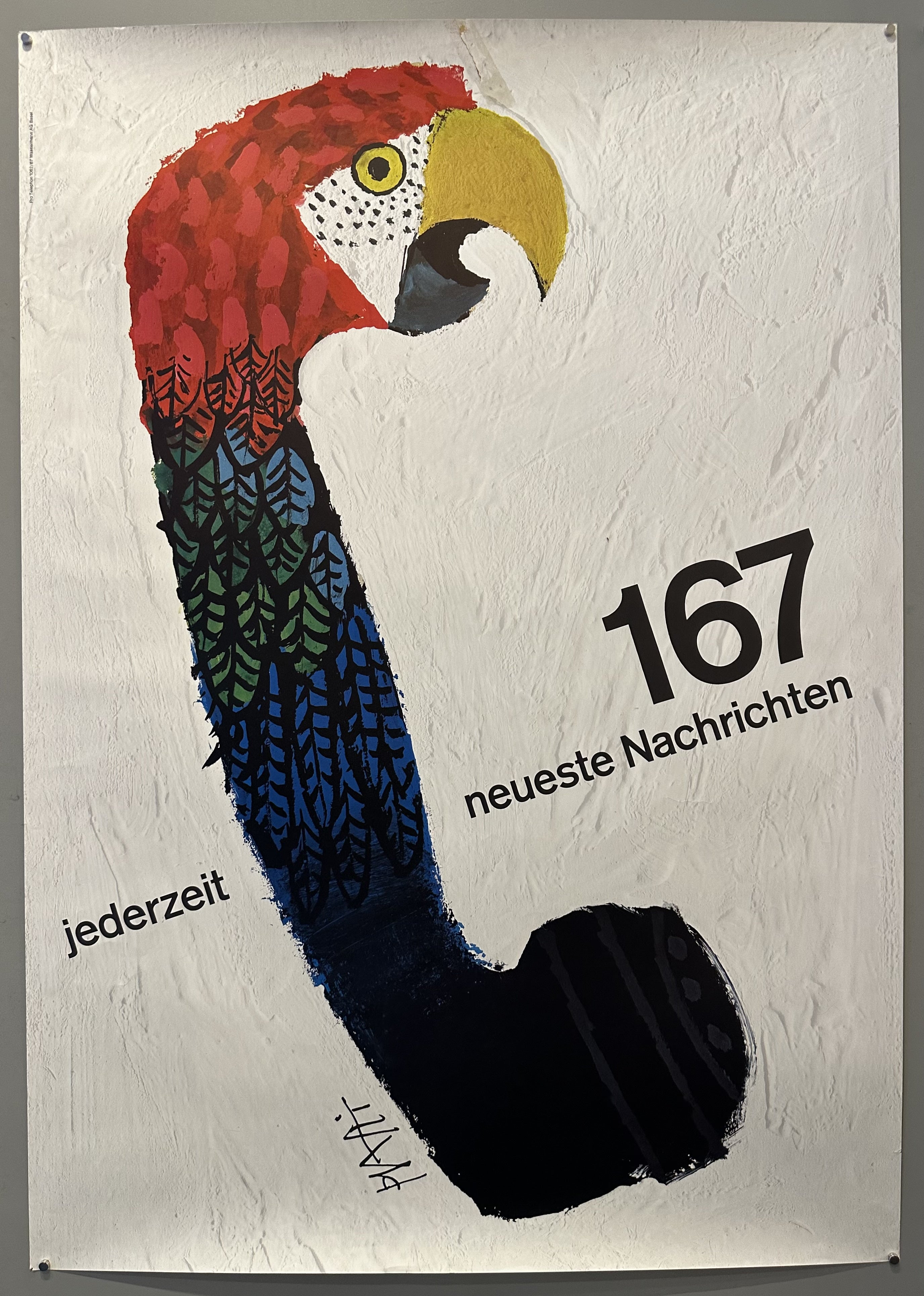 A vintage poster featuring a colorful parrot perched on a black rotary telephone, with the text "167 neueste Nachrichten jederzeit" in German, which translates to "167 latest news anytime."