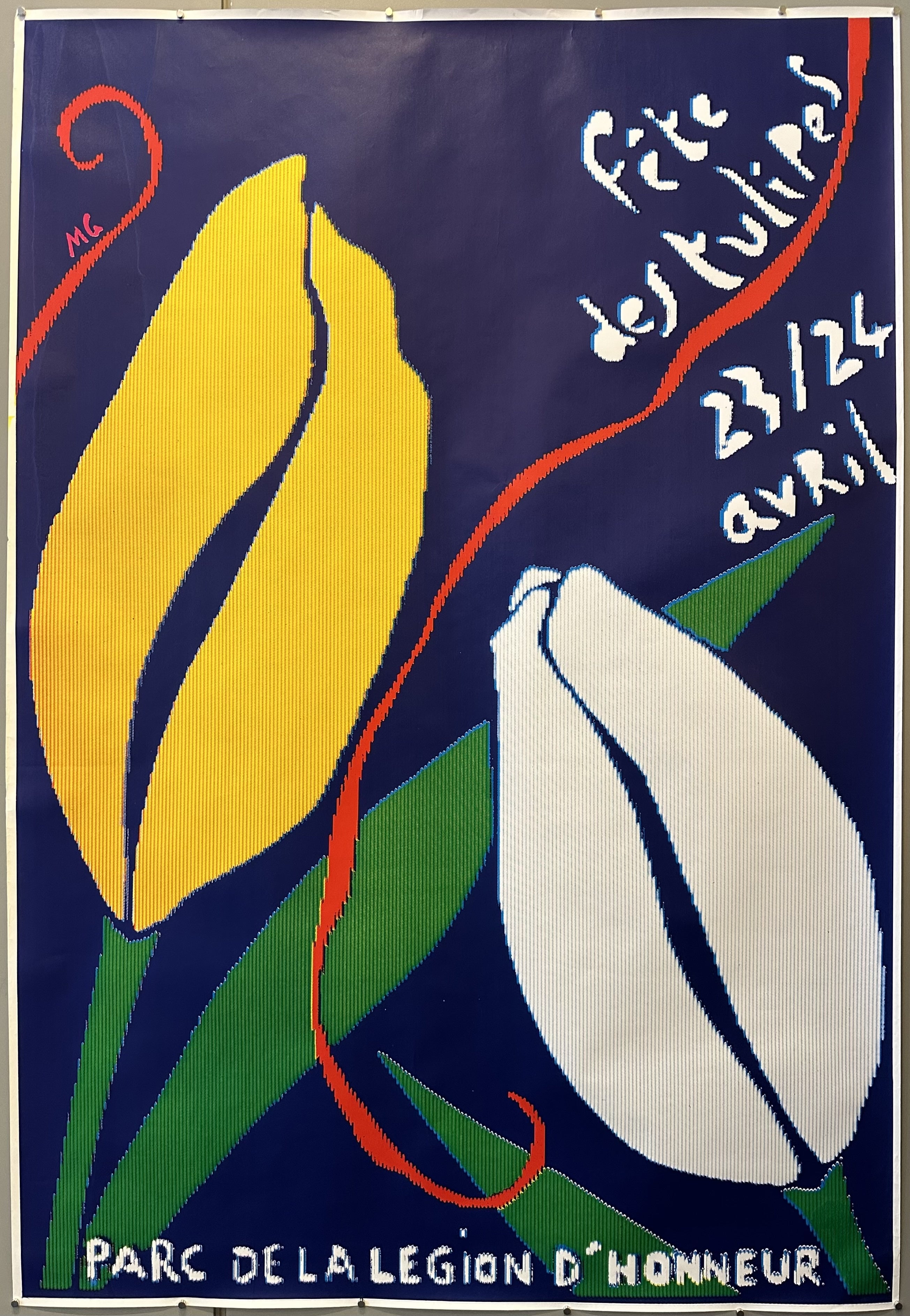 A poster for the Tulip Festival in France with two tulips--one white and one yellow.