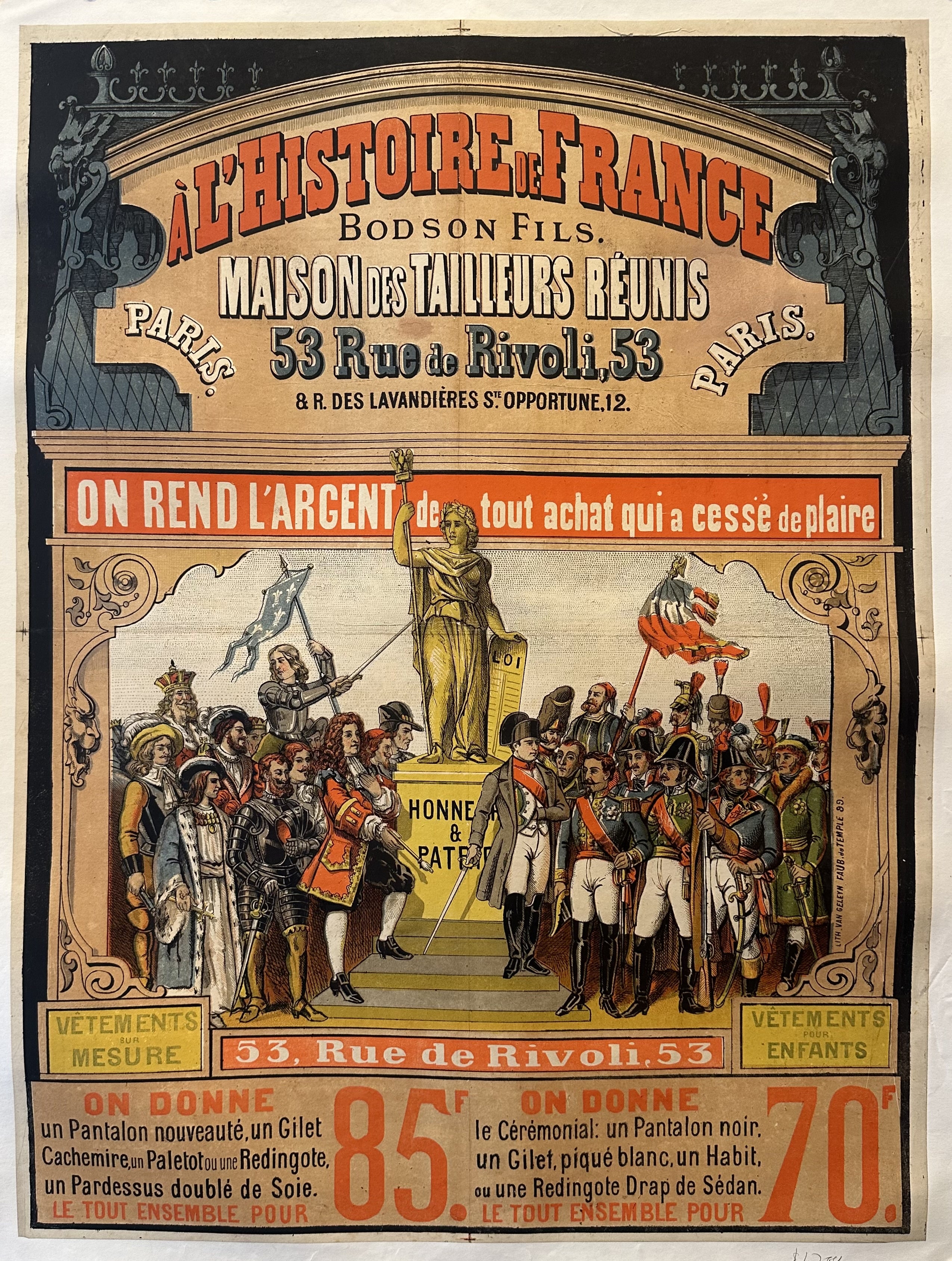 French soldiers stand in uniform next to a golden statue in French advertisement for a tailoring business.