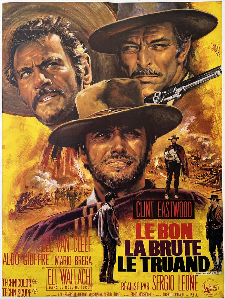 The Good, the Bad and the Ugly" (Le Bon, La Brute, Le Truand) featuring stylized portraits of Clint Eastwood, Lee Van Cleef, and Eli Wallach, with smaller scenes of cowboys in the background.