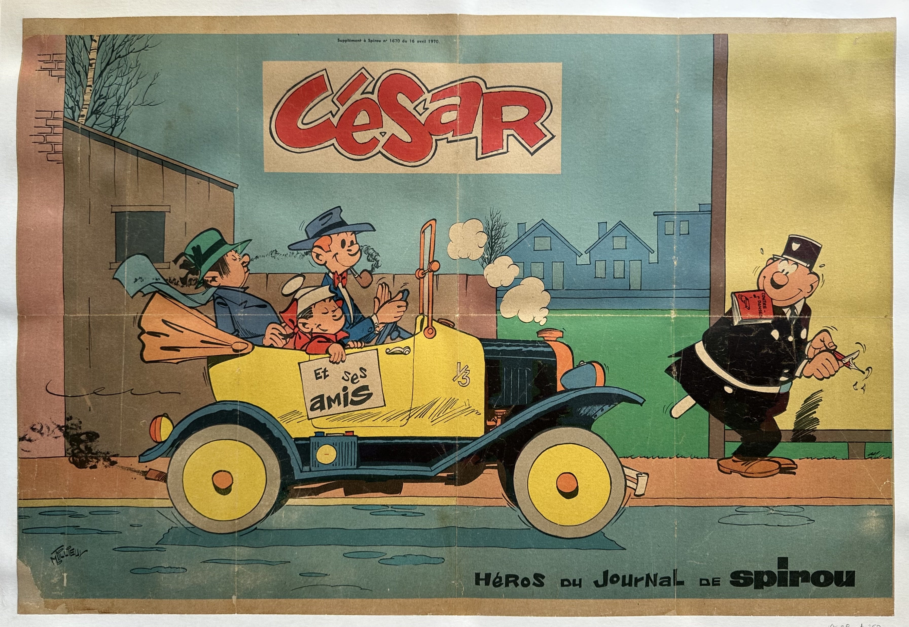 A vintage comic book cover featuring Spirou and his friends in a blue and yellow car. A policeman is standing on the right side of the image, with a baton.