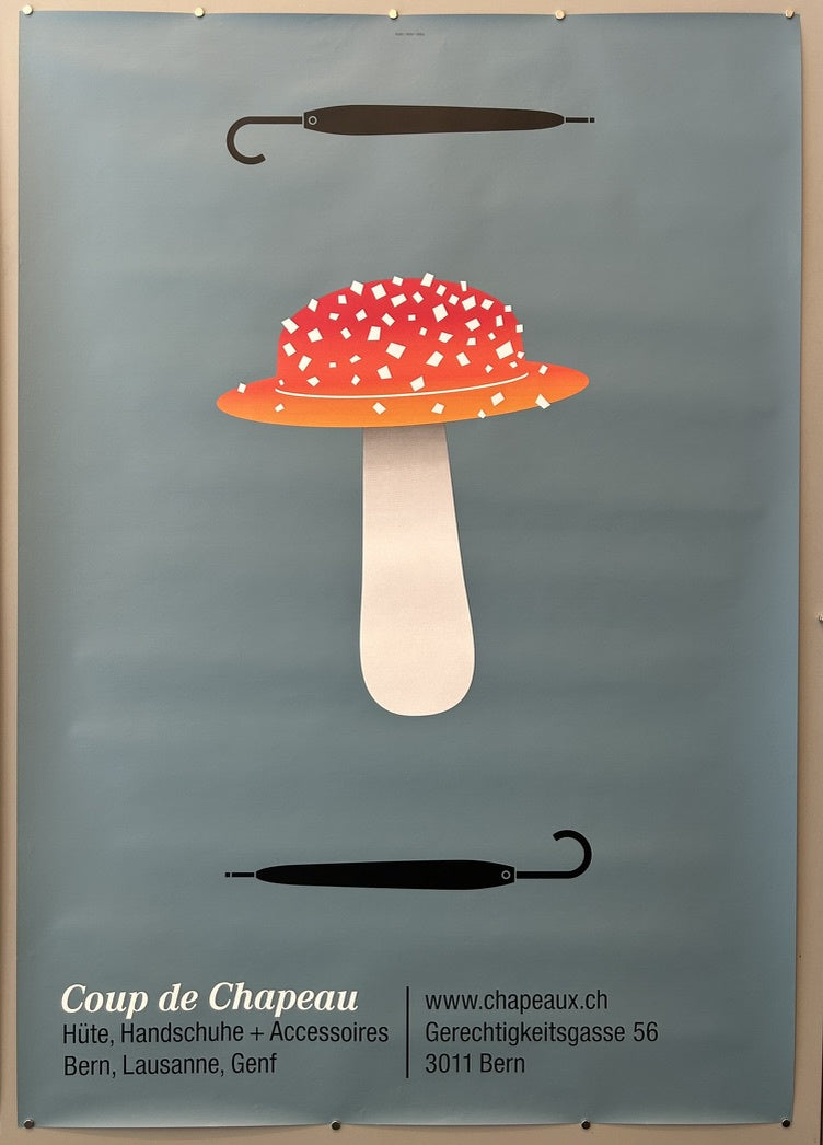 This poster is an advertisement for "Coup de Chapeau," a business specializing in hats, gloves, and accessories ("Hüte, Handschuhe + Accessoires").