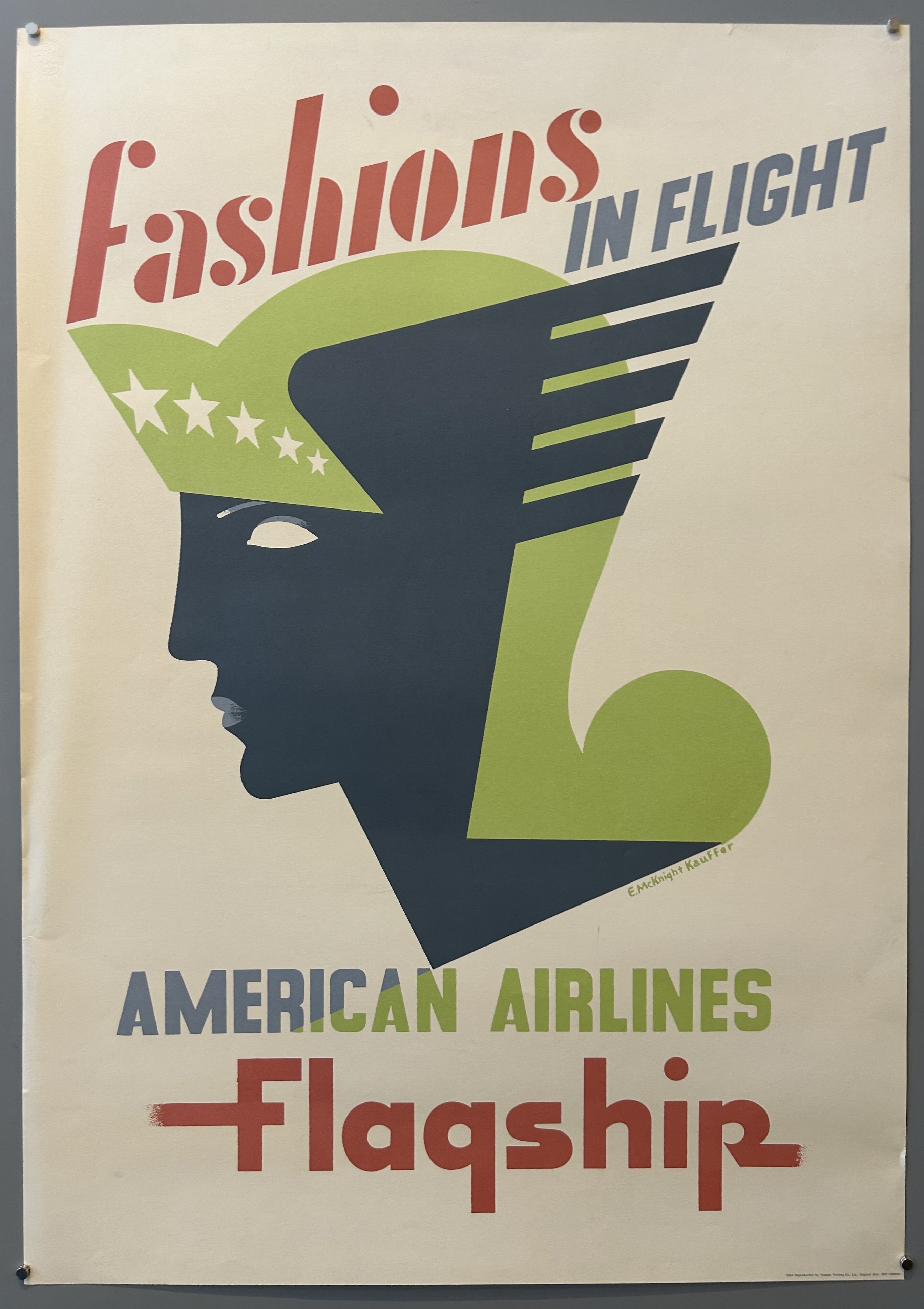 The poster you provided is a renowned vintage advertisement titled "Fashions in Flight" created by the celebrated graphic designer E. McKnight Kauffer for American Airlines' Flagship service.