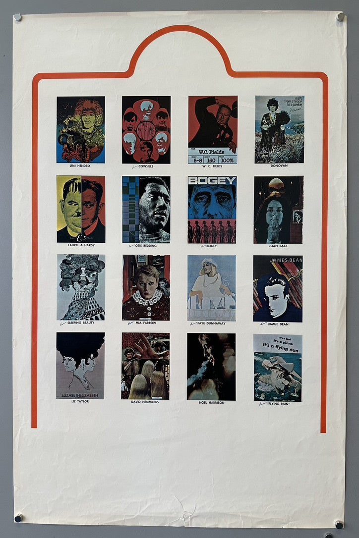 A poster featuring 16 framed portraits of various celebrities and cultural figures, arranged in a grid of four rows and four columns, with a red border outlining the entire collection.