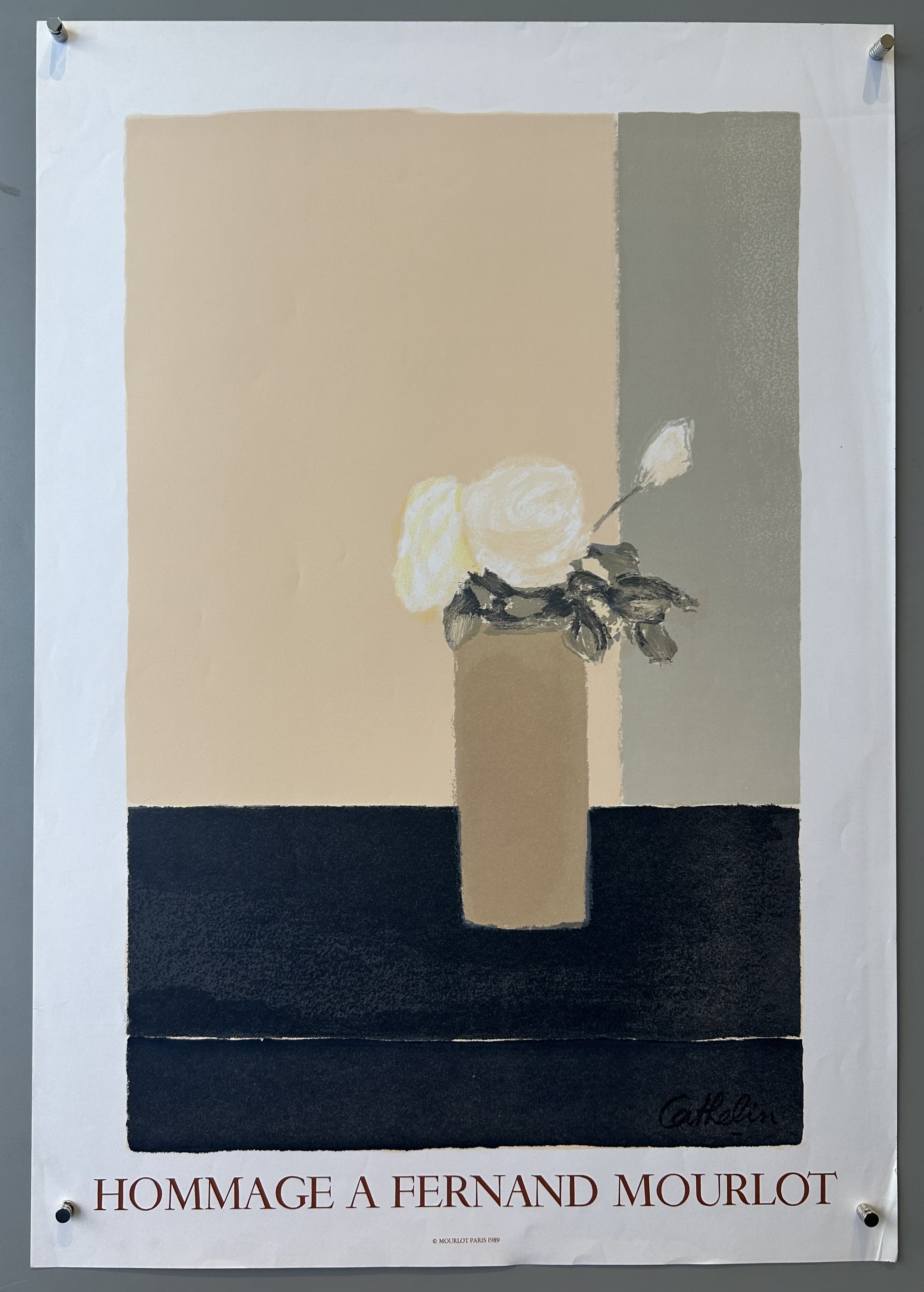 Red text along bottom with painting of white roses in a vase on a black table.