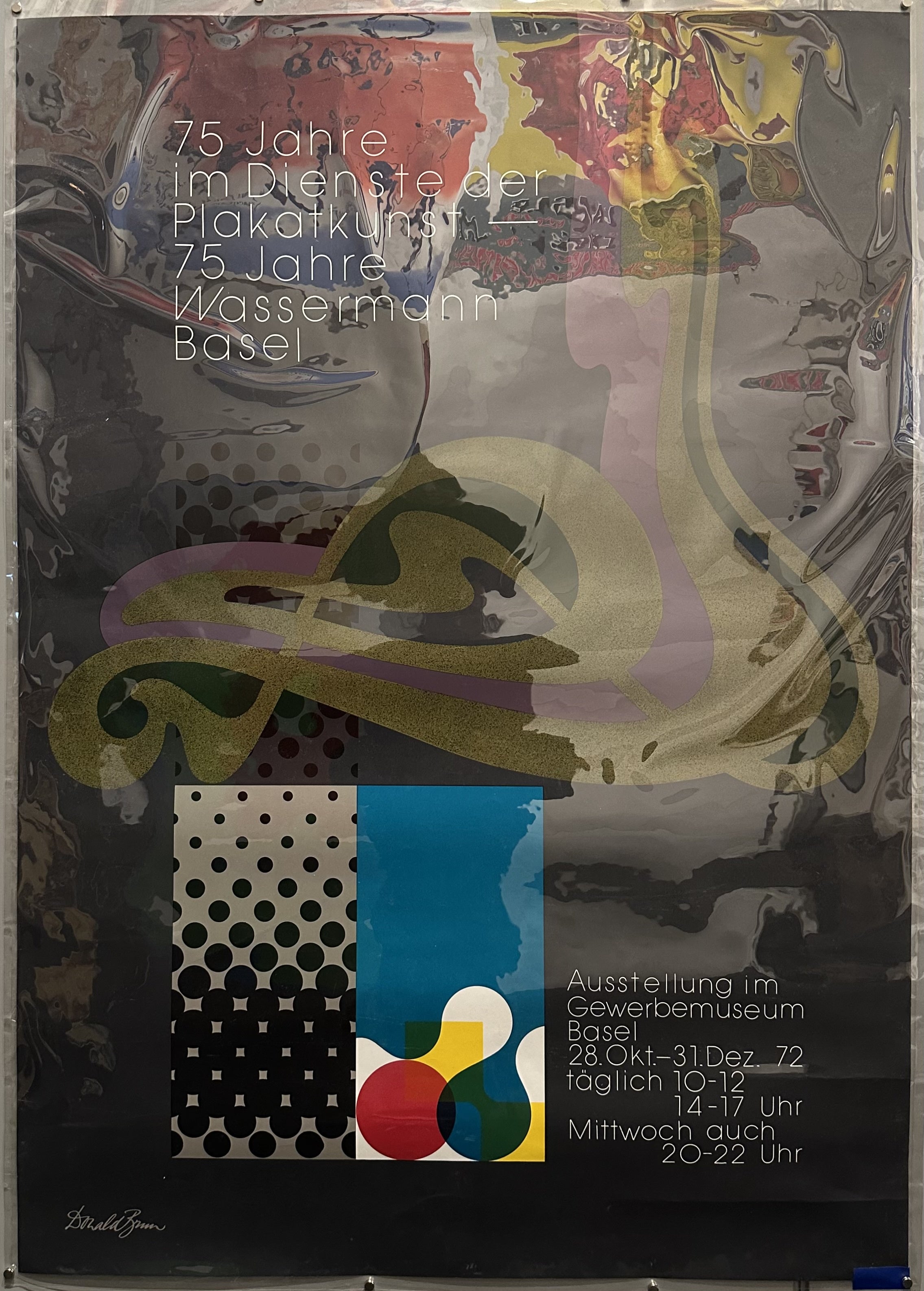 Graphic design poster with black background to celebrate Wassermann Basel's 75th anniversary.