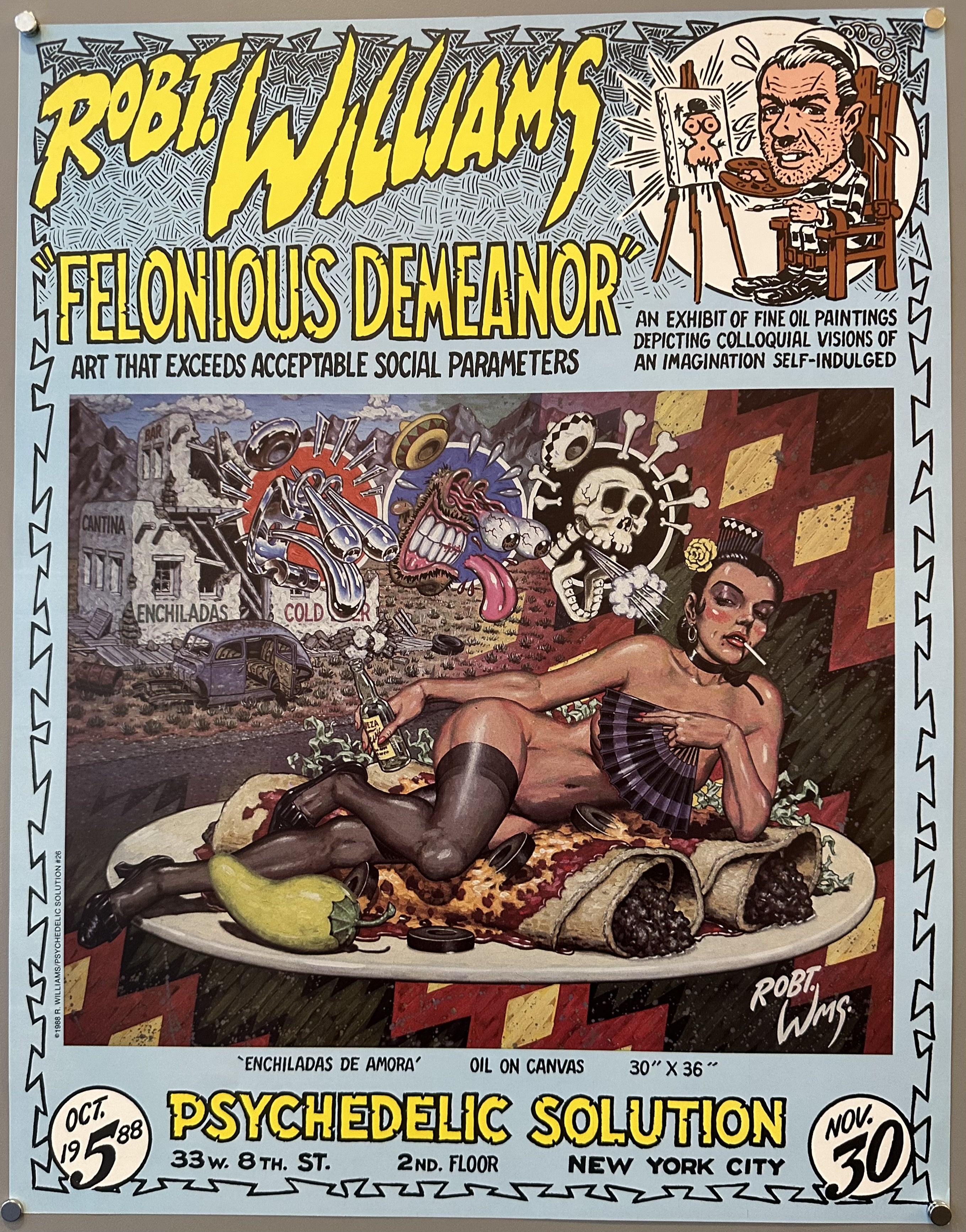 Light blue poster with yellow block text promoting Robert Williams' exhibition at Psychedelic Solutions in New York City.