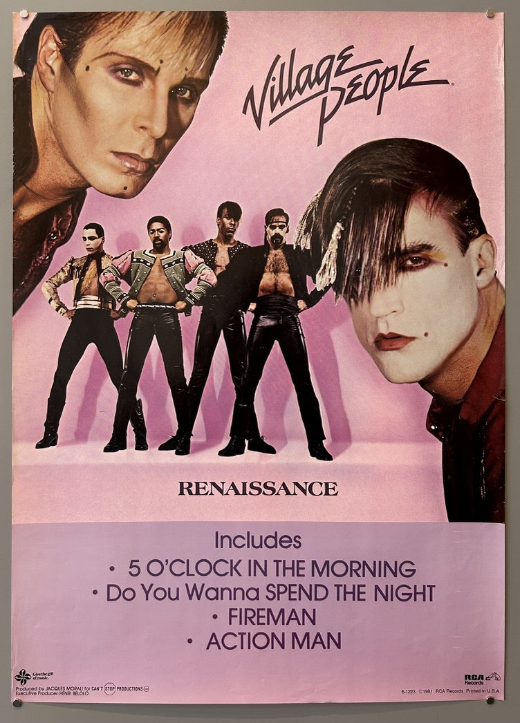A promotional poster for the Village People's 1981 album "Renaissance," featuring a large image of two band members in New Romantic-inspired makeup and hairstyles, with four other members in their changed, less costumed attire standing below them.