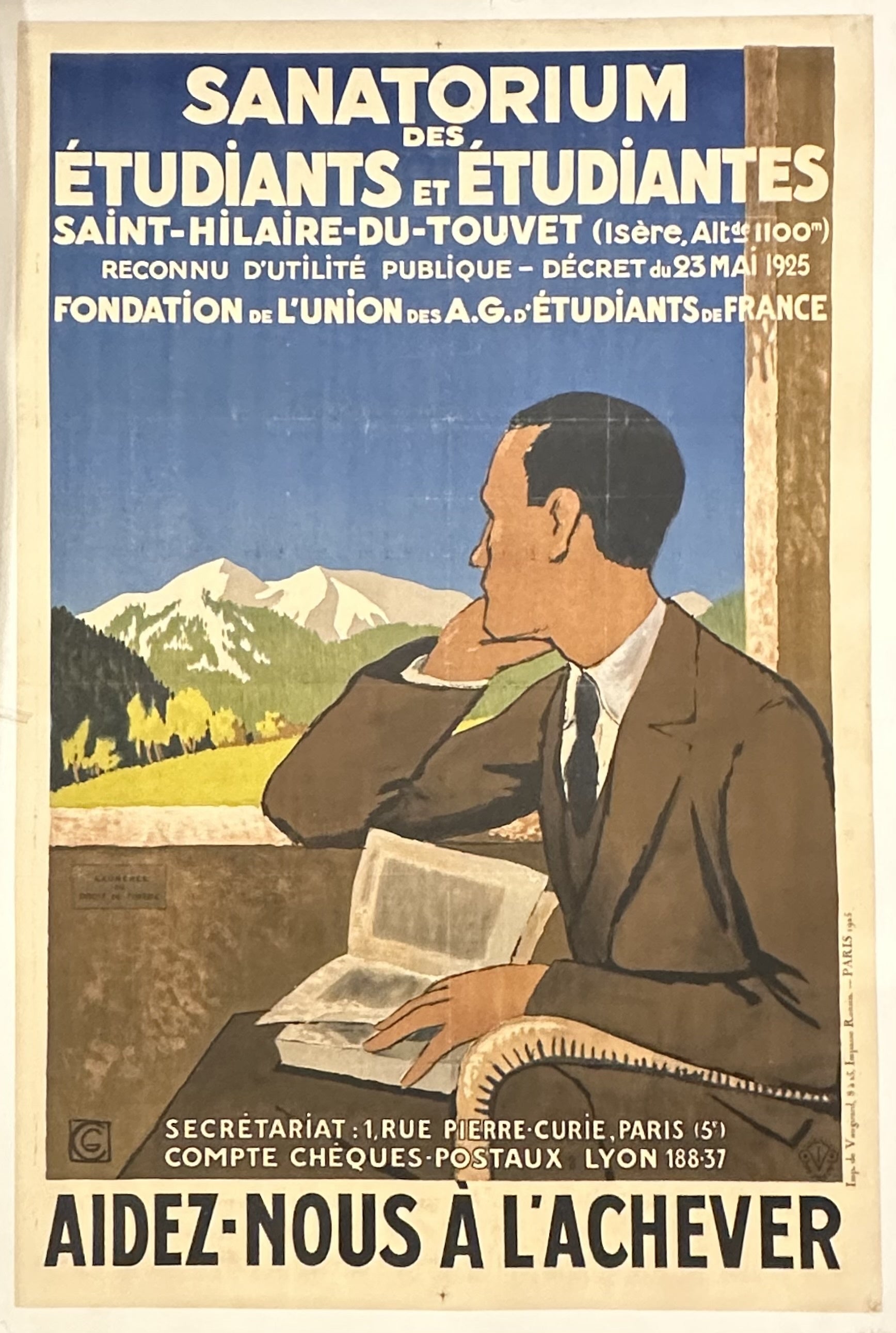 Illustrated man sits with a book open on his lap looking out the window at the French countryside with text above and below promoting the construction of a sanatorium.