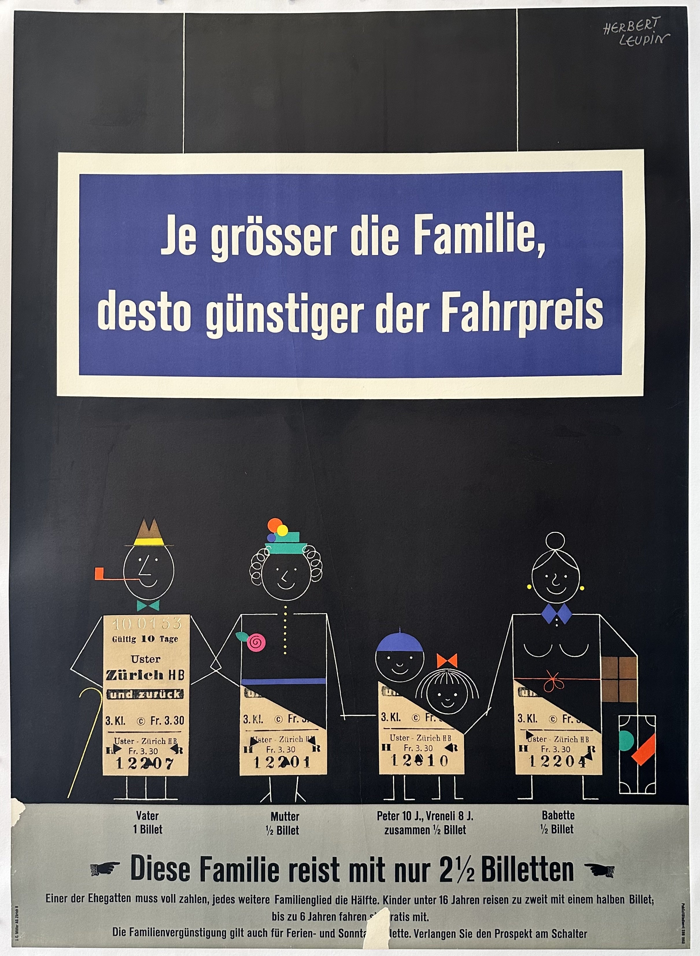 Vintage travel poster with family illustration and German text on a black background