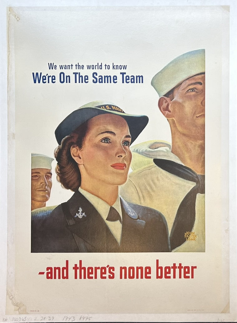 Navy recruitment poster featuring a female WAVE officer and male sailors with the text "We're On The Same Team -and there's none better."