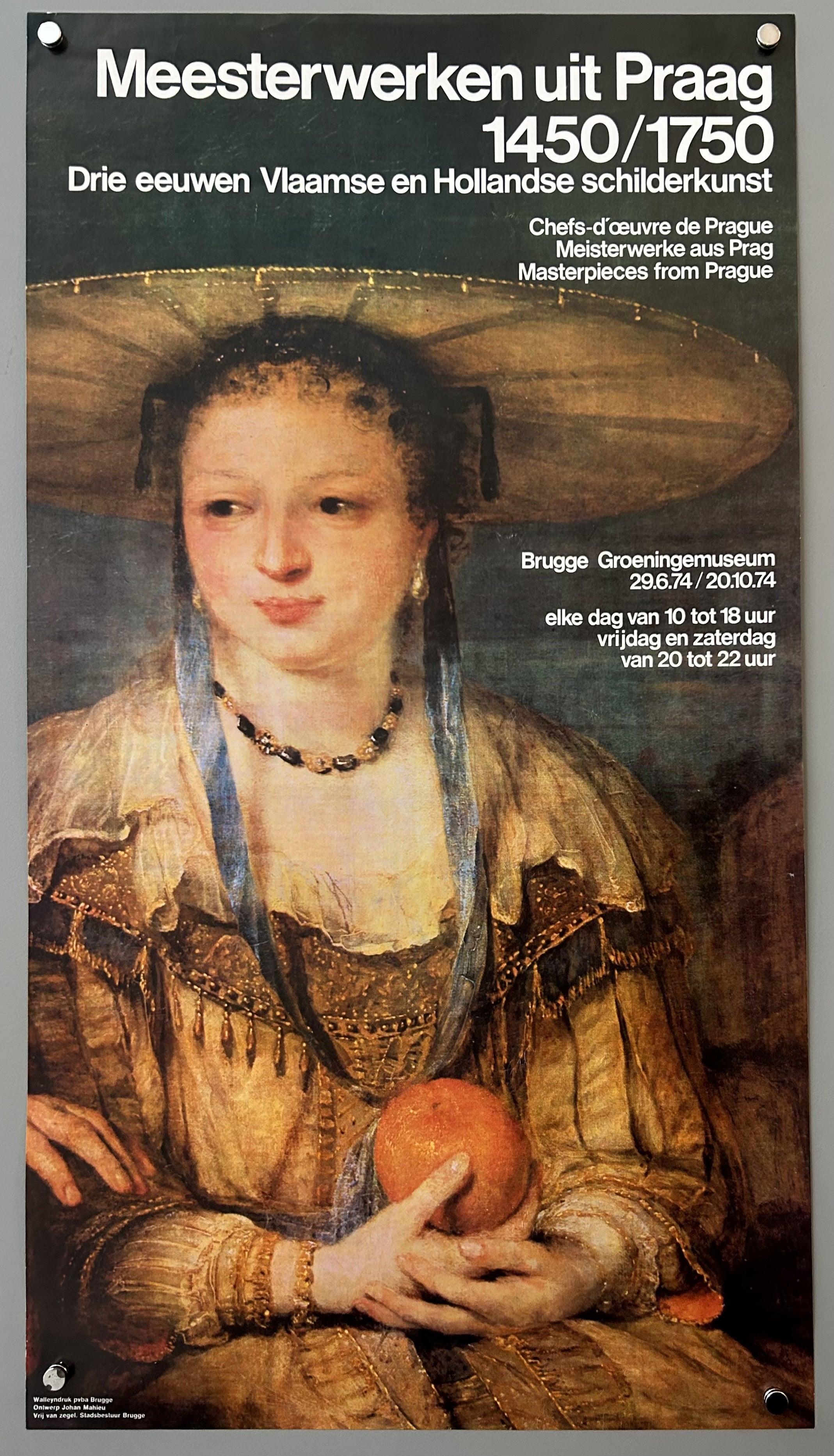 Painting of a woman holding an orange with white text above along the right-hand side.