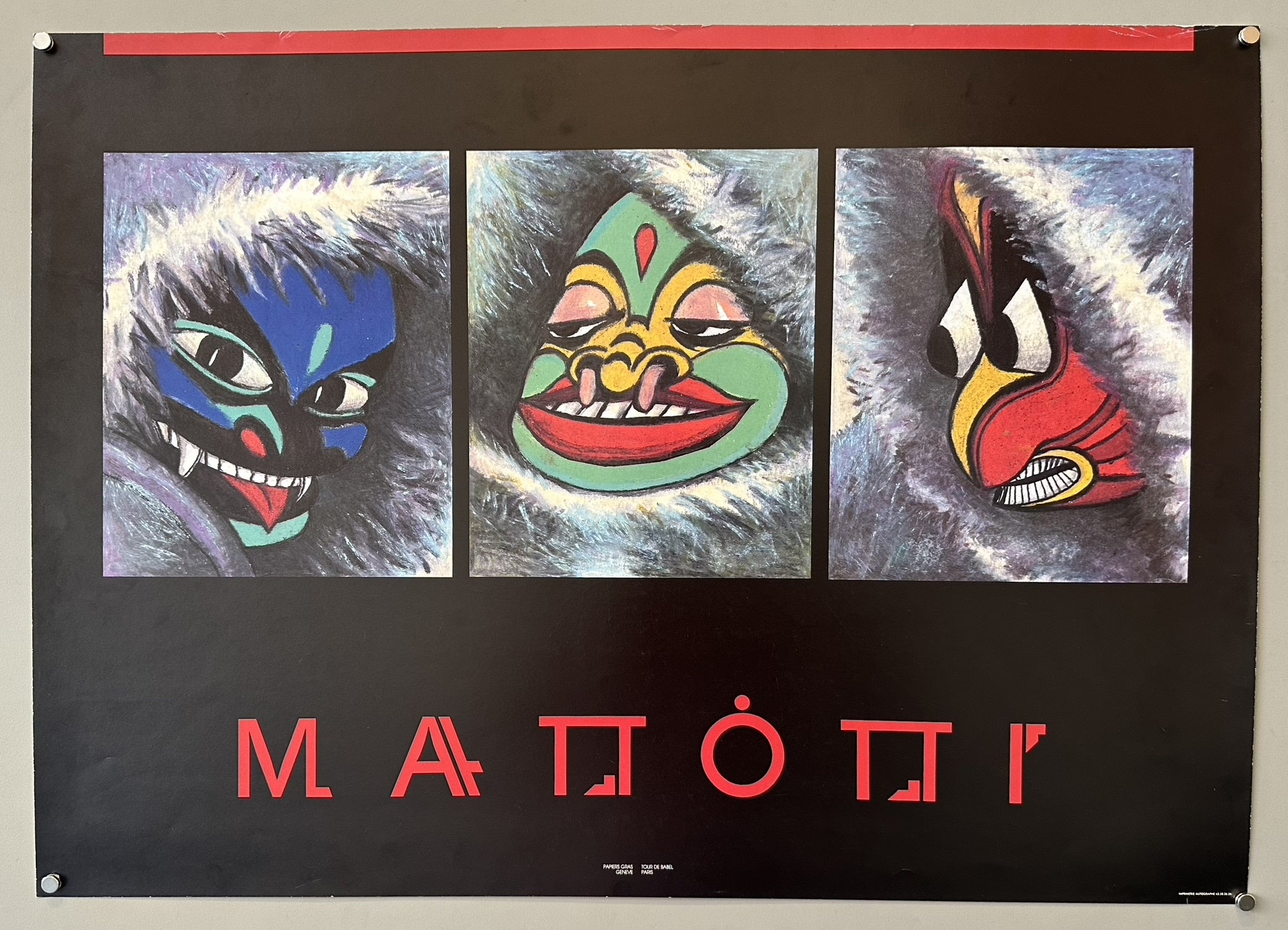 Three distinct mask-like figures with vibrant colors and stylized features, characteristic of Mattotti's work