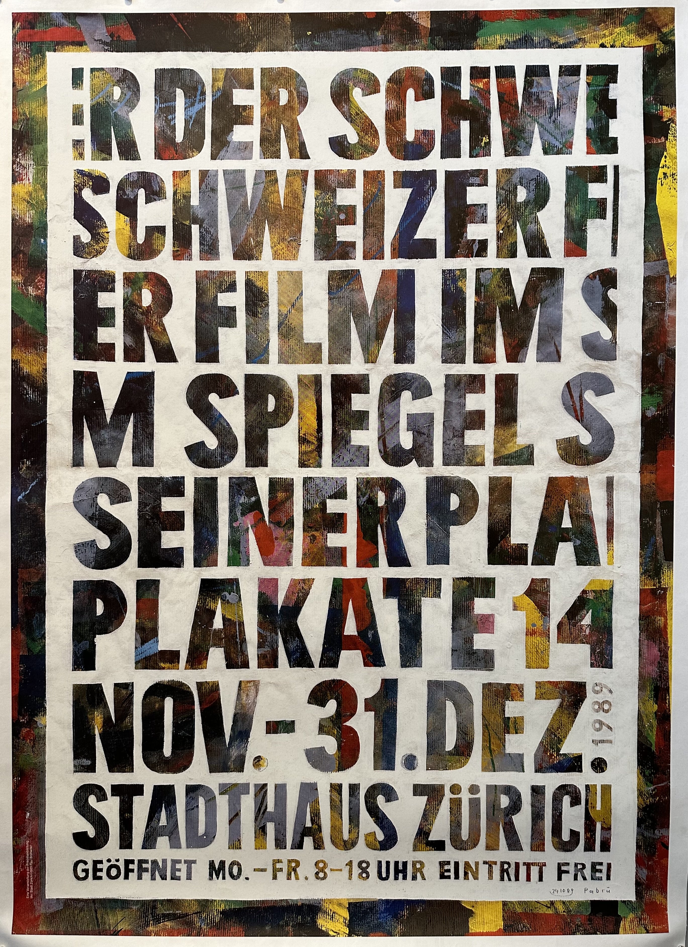 An exhibition for a Swiss Film. This is presented in bold, colorful text on a textured background.