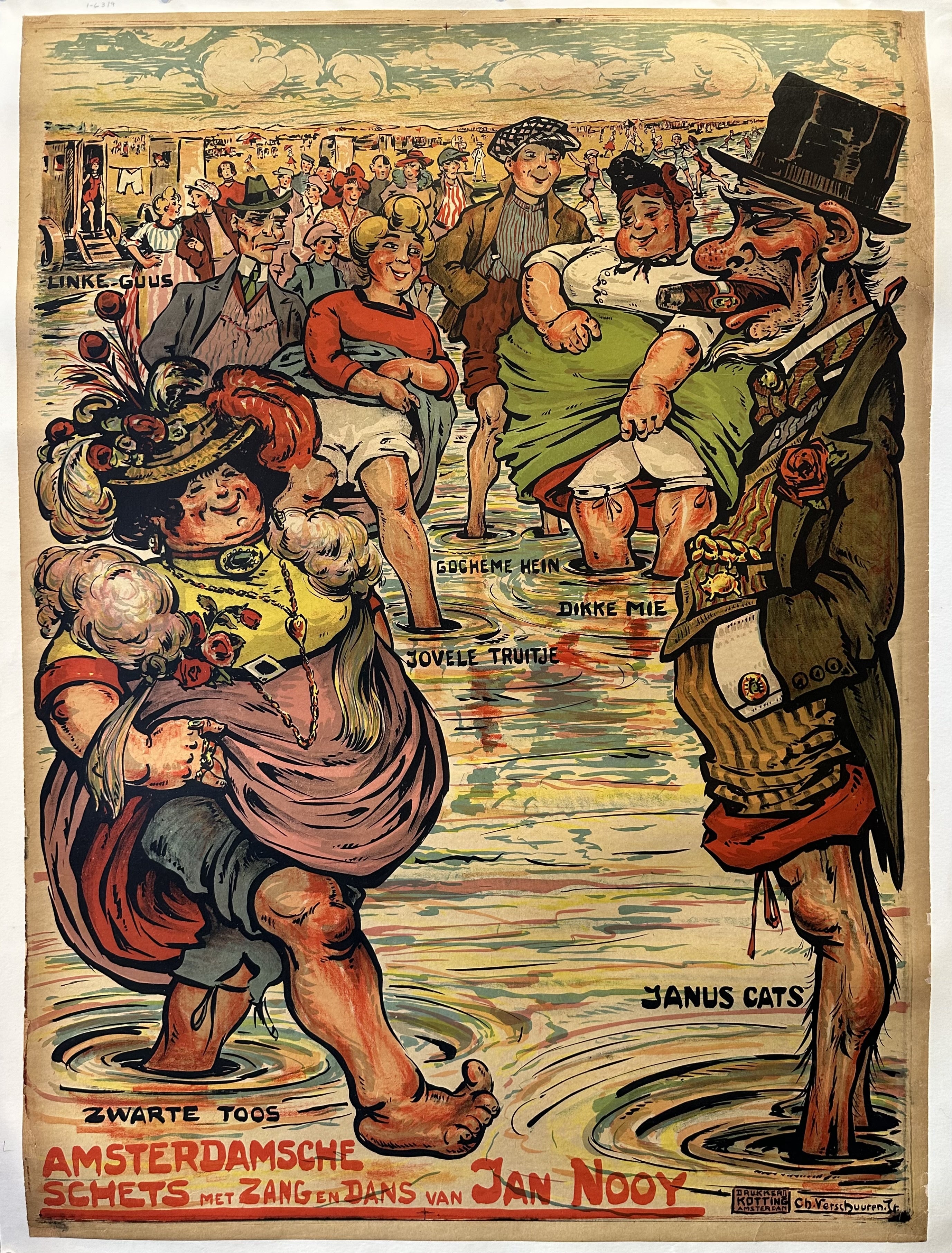 Crowded beach scene with people dressed in 1920s fashion wading in water for Amsterdam play promotion.