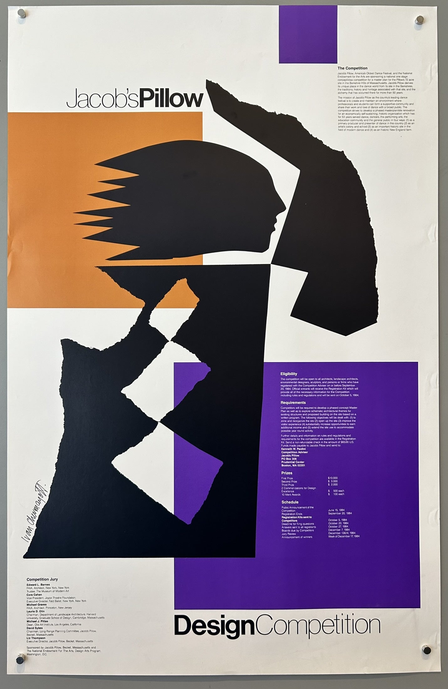 the Jacob's Pillow Design Competition by Ivan Chermayeff, featuring a bold black silhouette of a human head and torso. The figure is set against vibrant orange and purple geometric shapes with white spaces, with text detailing the competition, eligibility, and jury members.