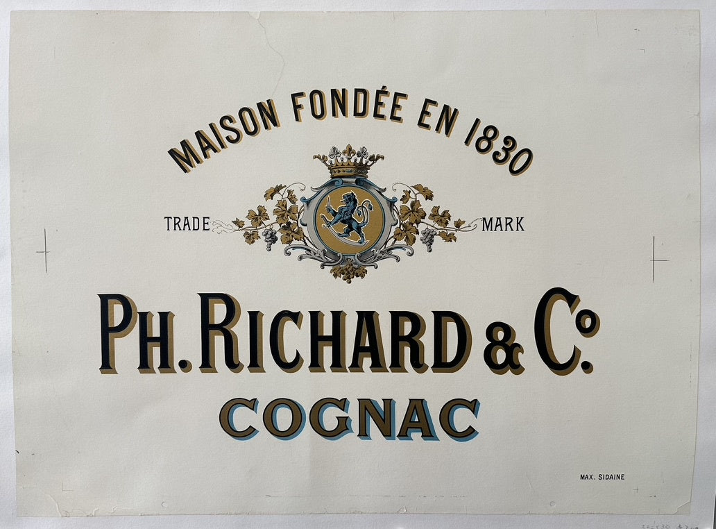 Ph. Richard & Co Cognac, featuring the text "MAISON FONDÉE EN 1830," "TRADE MARK," and "MAX. SIDAINE".
