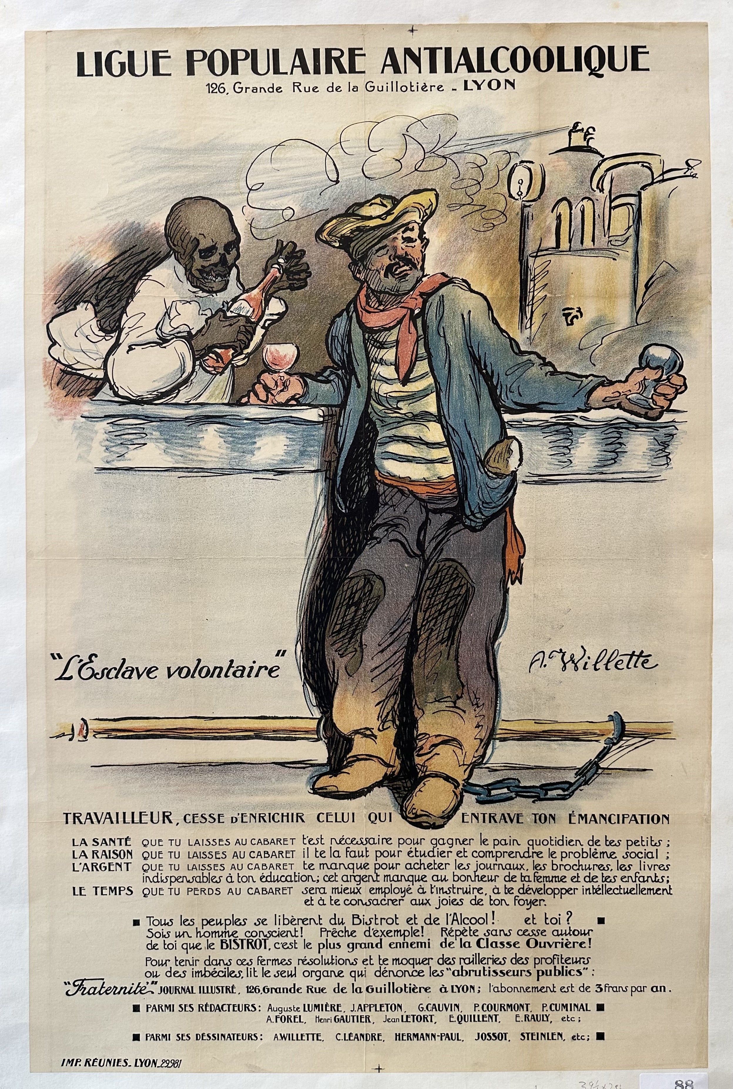 A skeleton standing behind a bar serving a drink to a chained man, its a warning against the dangers of alcohol.