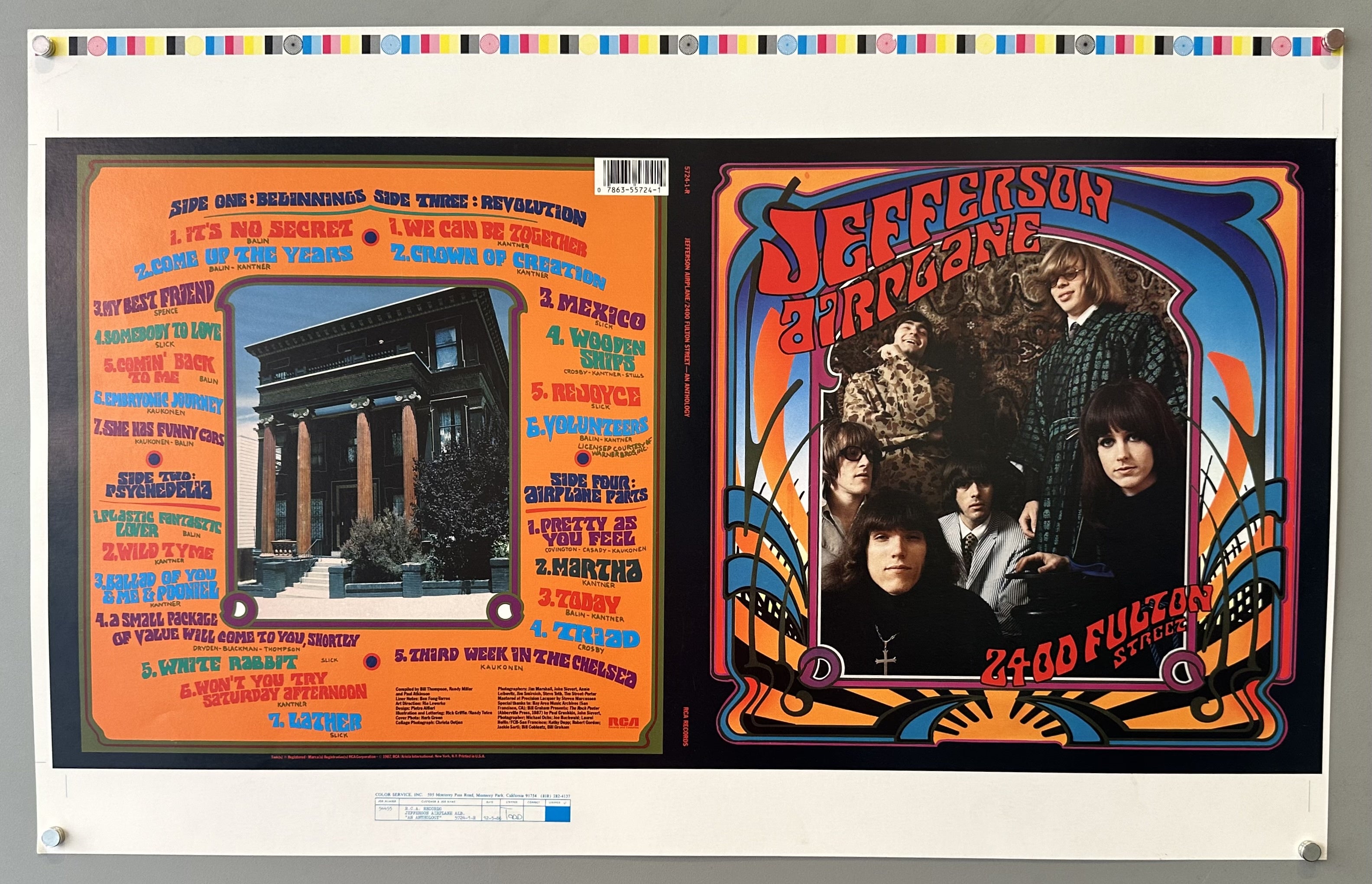 A record album featuring the compilation "2400 Fulton Street" by Jefferson Airplane. The album cover on the right is orange and blue with psychedelic lettering for "Jefferson Airplane" and "2400 Fulton Street," and features a group photo of the band members.
