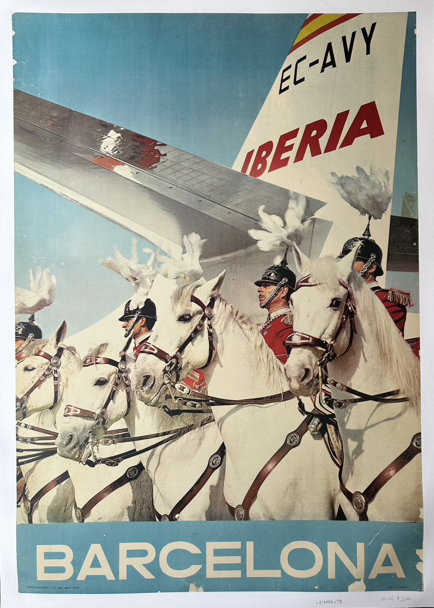 Iberia Airlines poster advertising flights to Barcelona, featuring an airplane wing and white horses with riders in un