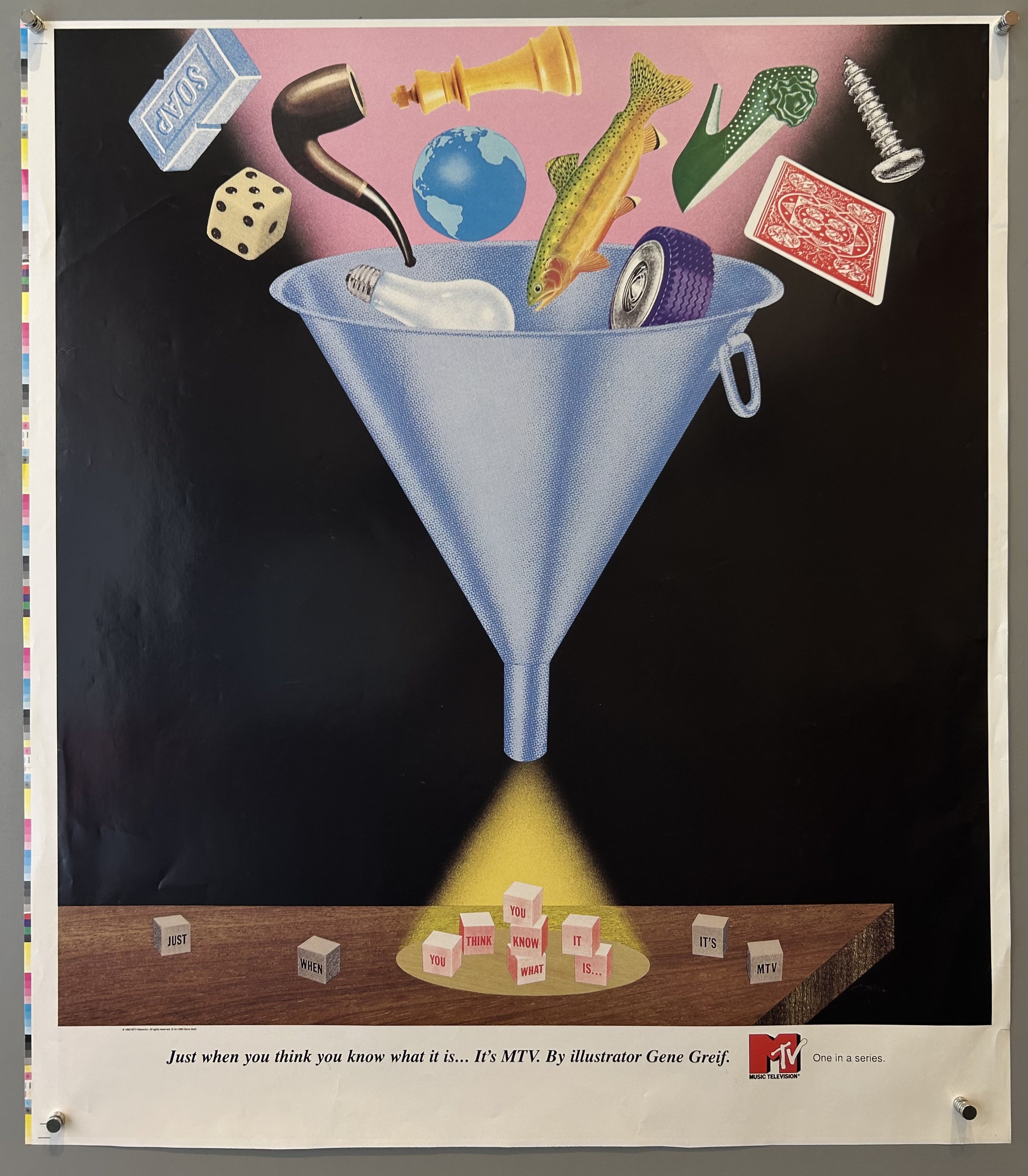 Illustration of various objects entering a funnel and being deposited into small blocks on a wooden table for MTV ad.