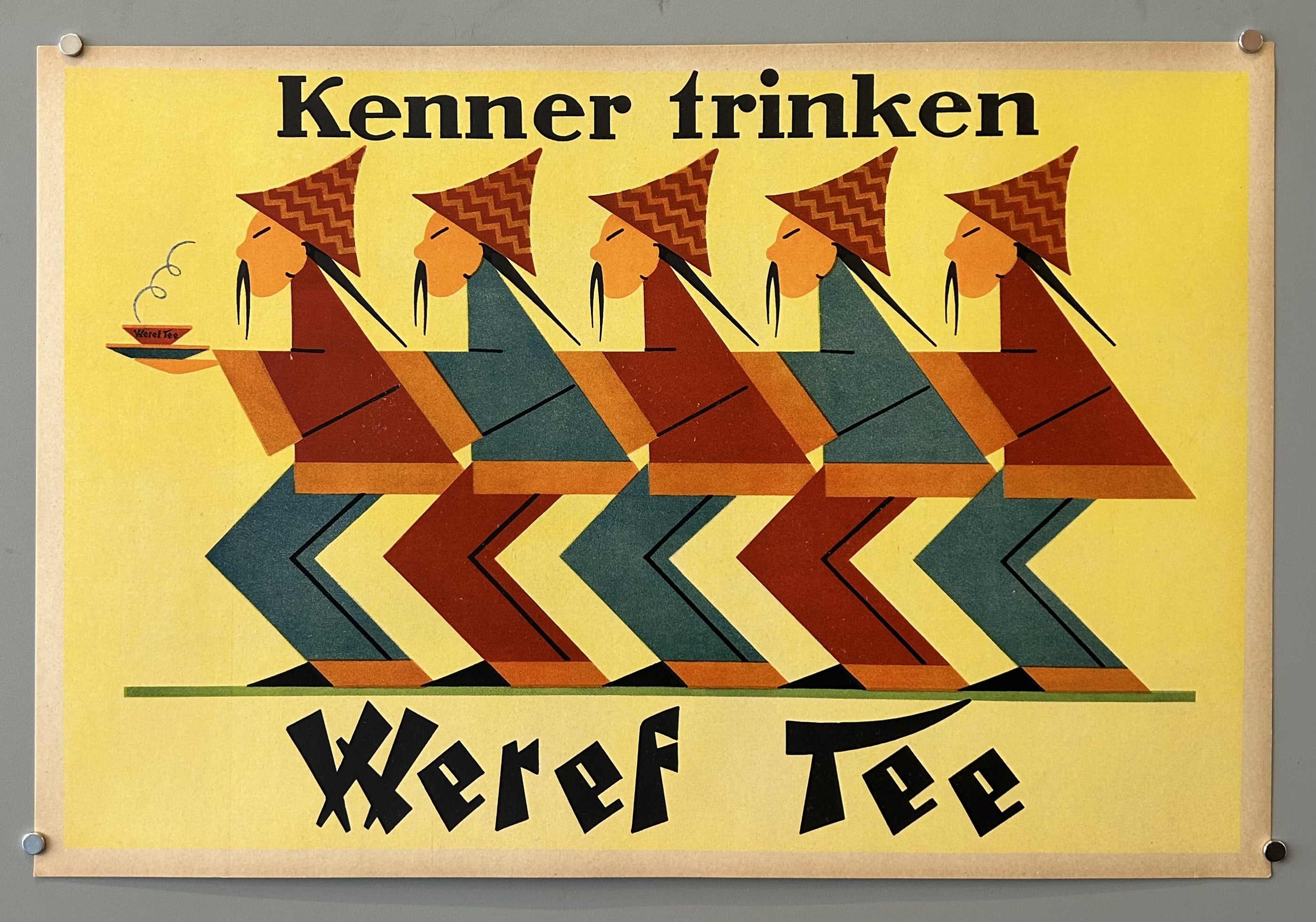 Asian caricatures pose one after the other, with the first holding a cup of tea in this German advertising poster.