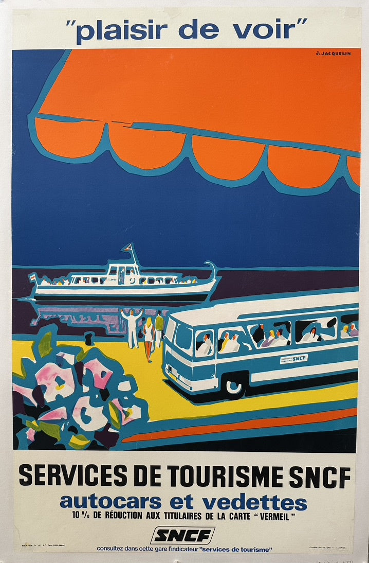 It promotes tourism services offered by SNCF (Société Nationale des Chemins de fer Français), the French National Railway Company, specifically highlighting coach (autocars) and boat (vedettes) services.