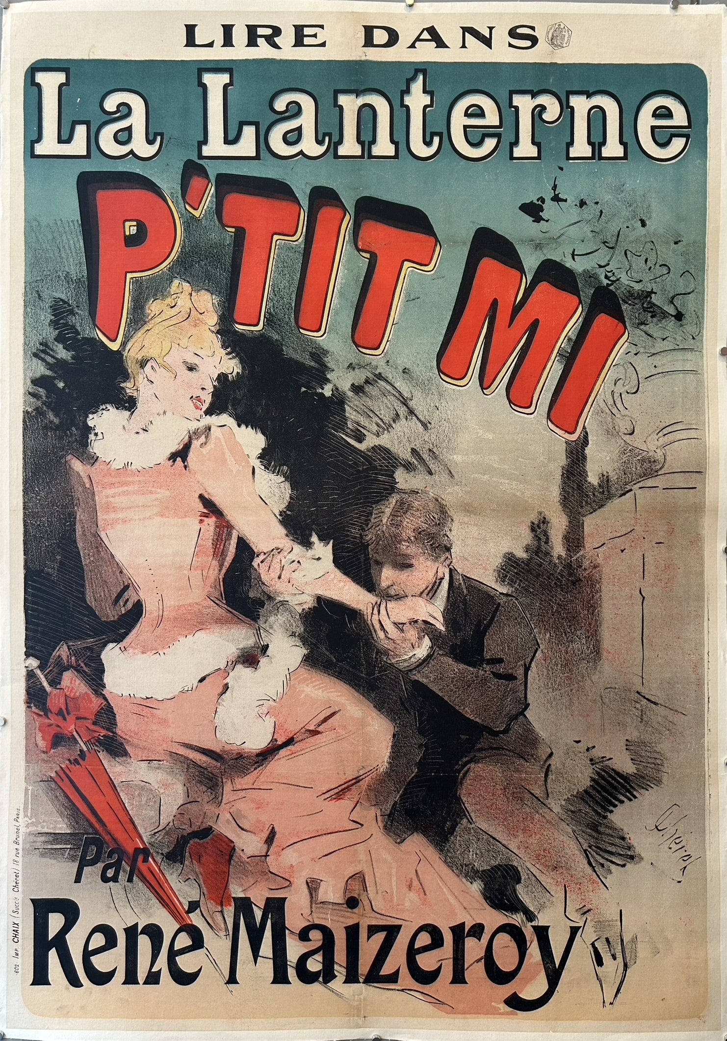 The poster is titled "La Lanterne: P'tit Mi" and was created by Jules Chéret in 1888. It advertises a novel by René Maizeroy, which was initially serialized in the French newspaper La Lanterne before being published as a complete novel with the subtitle Les Parisiennes.
