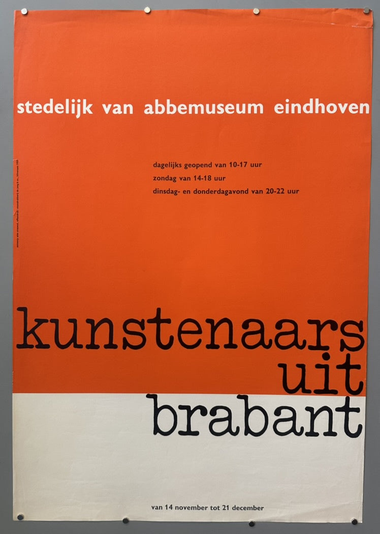 This poster was designed by Wim Crouwel for an exhibition titled "Kunstenaars uit Brabant" (Artists from Brabant) at the Stedelijk van Abbemuseum Eindhoven.
