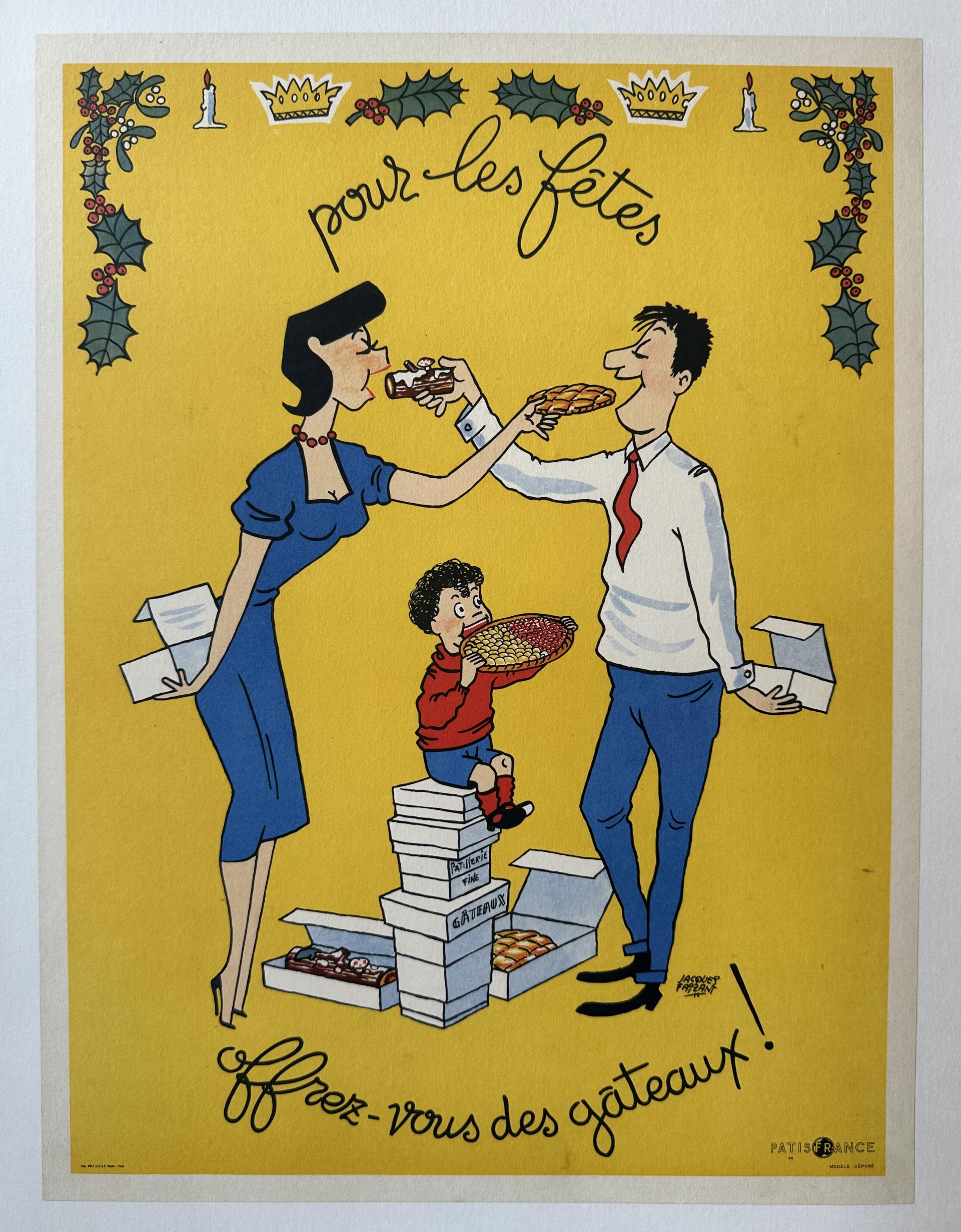 A couple feeds each other different types of cakes, while a little boy munches on a cake, while sitting atop a pile of cake boxes. Christmas motifs rest at the top of the page.