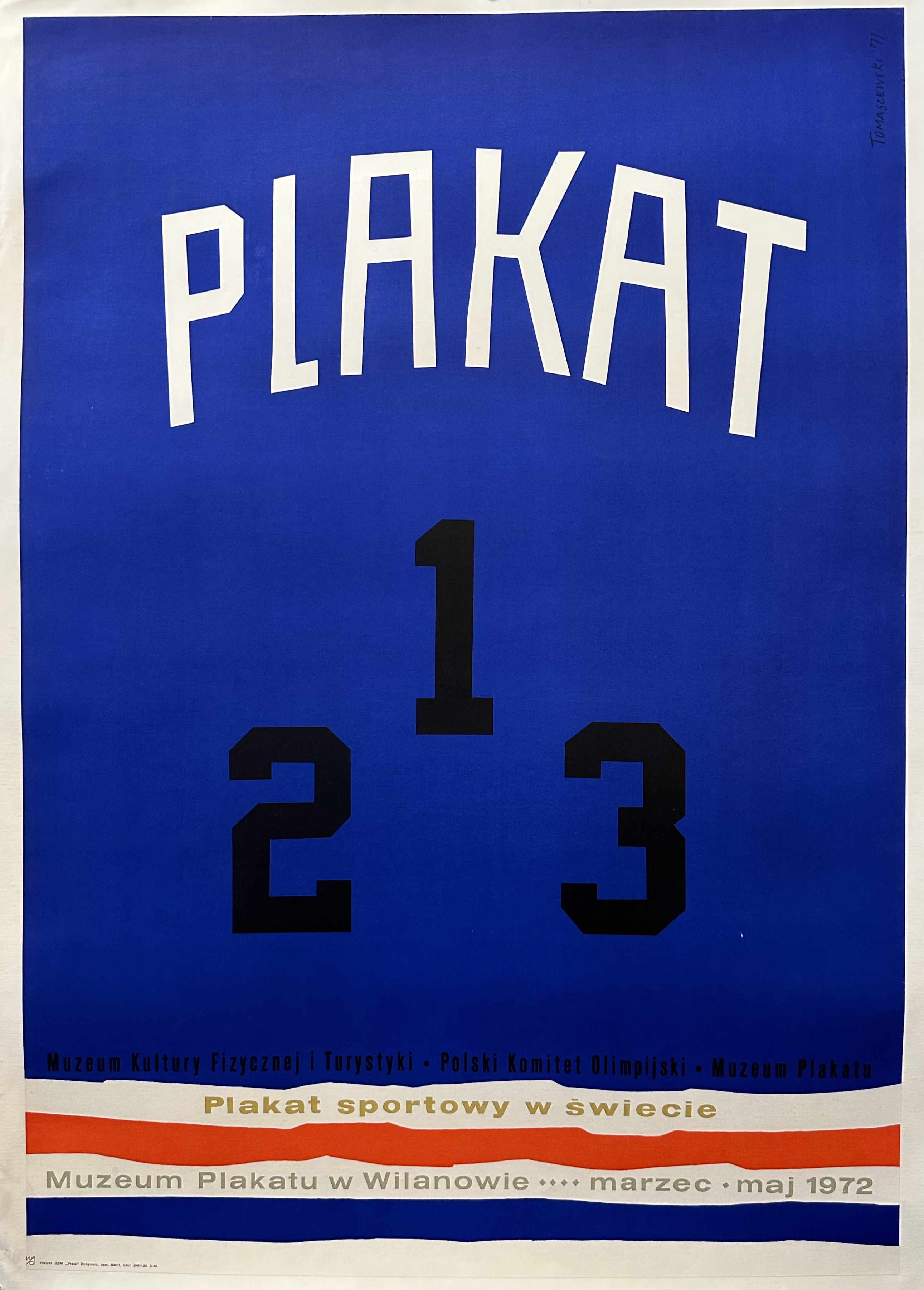 Poster for an exhibit of Polish sport posters, sponsored by the Polish Olympic Committee at the Poster Museum in Warsaw, showing text with large numbers, 1,2,3.