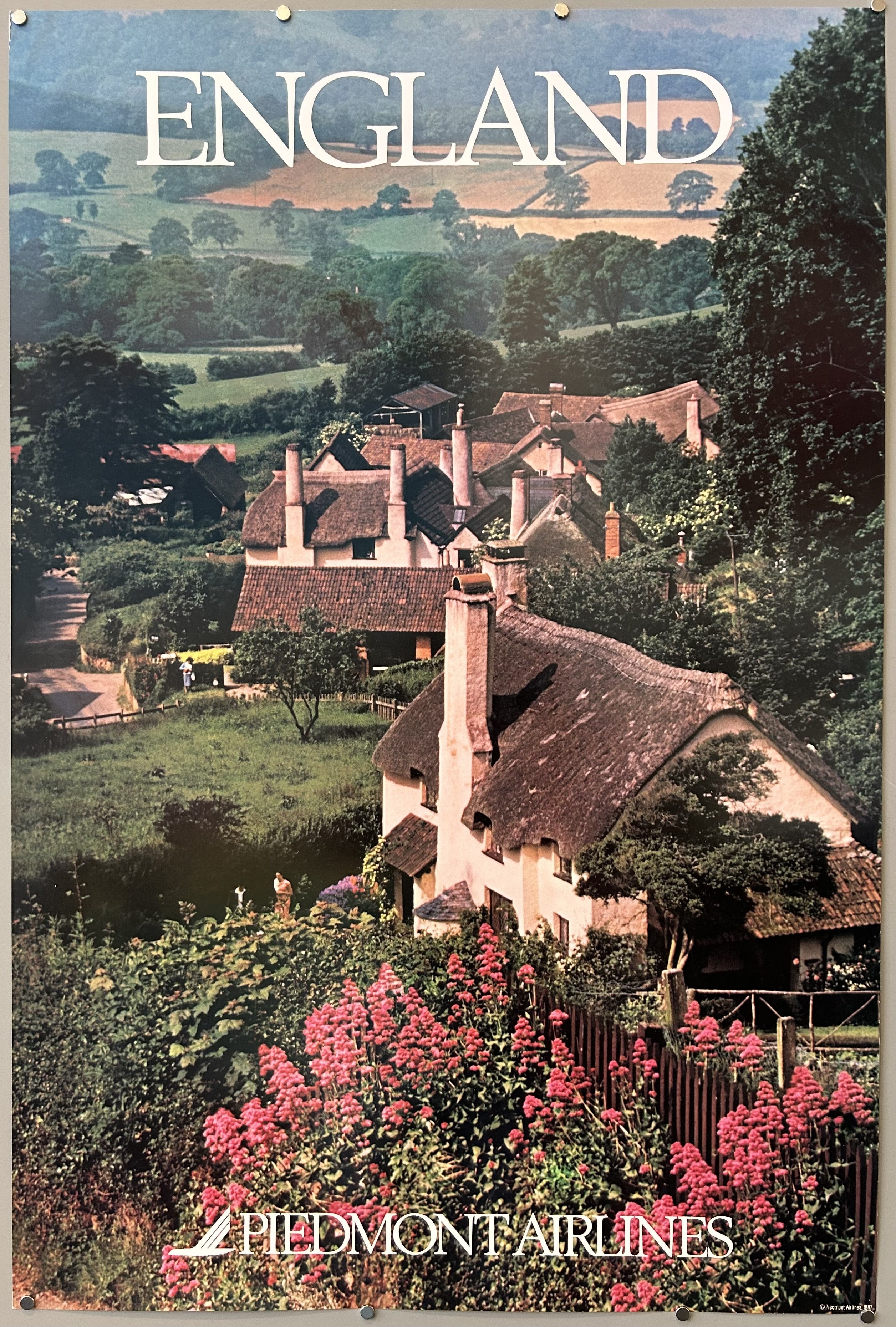 Photograph of English countryside from Piedmont Airlines in vintage travel poster.