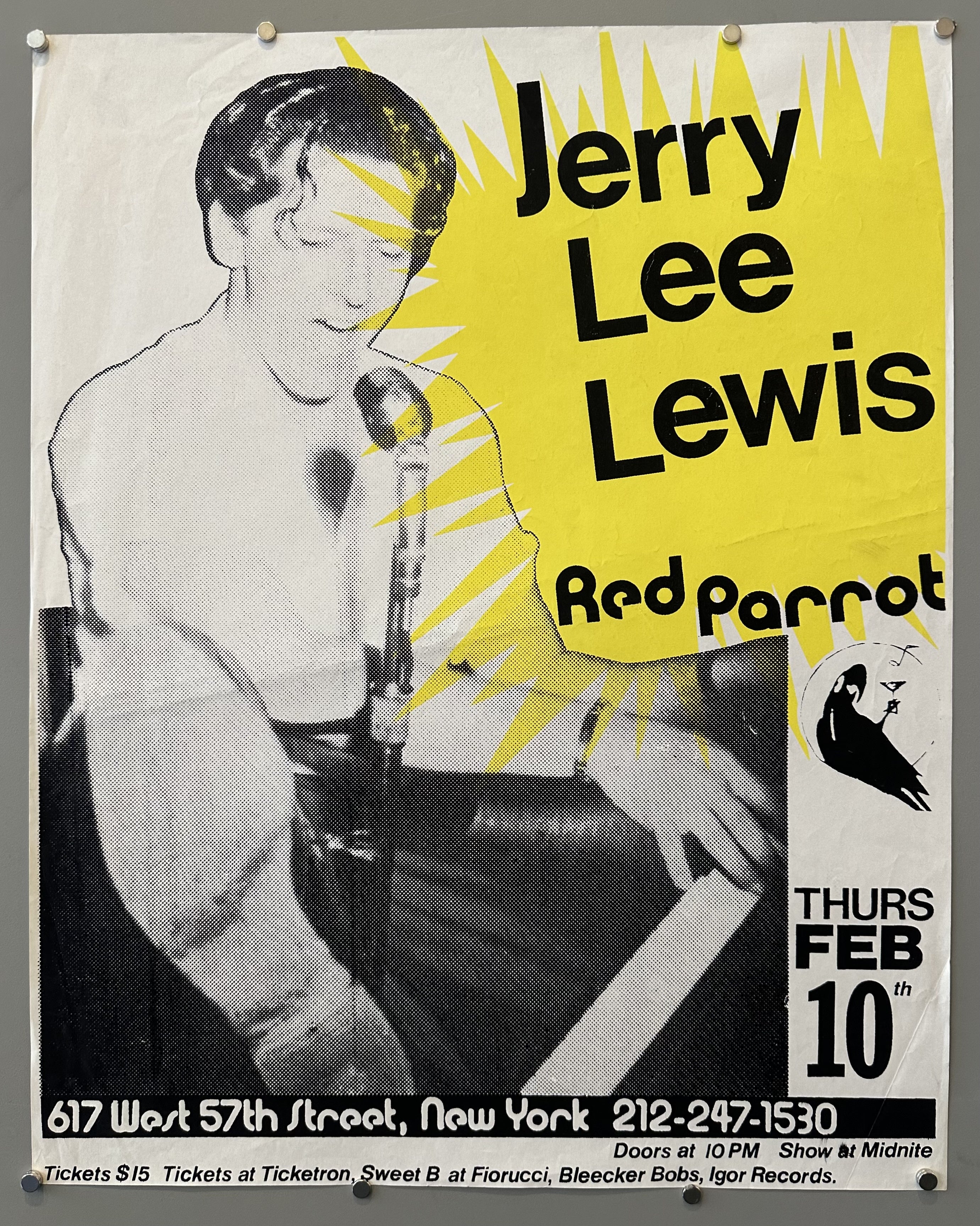 The poster advertises a Jerry Lee Lewis concert at the Red Parrot on "THURS FEB 10th". To determine the year, one needs to find a year in which February 10th fell on a Thursday. By checking calendars, February 10th occurred on a Thursday in 1983.