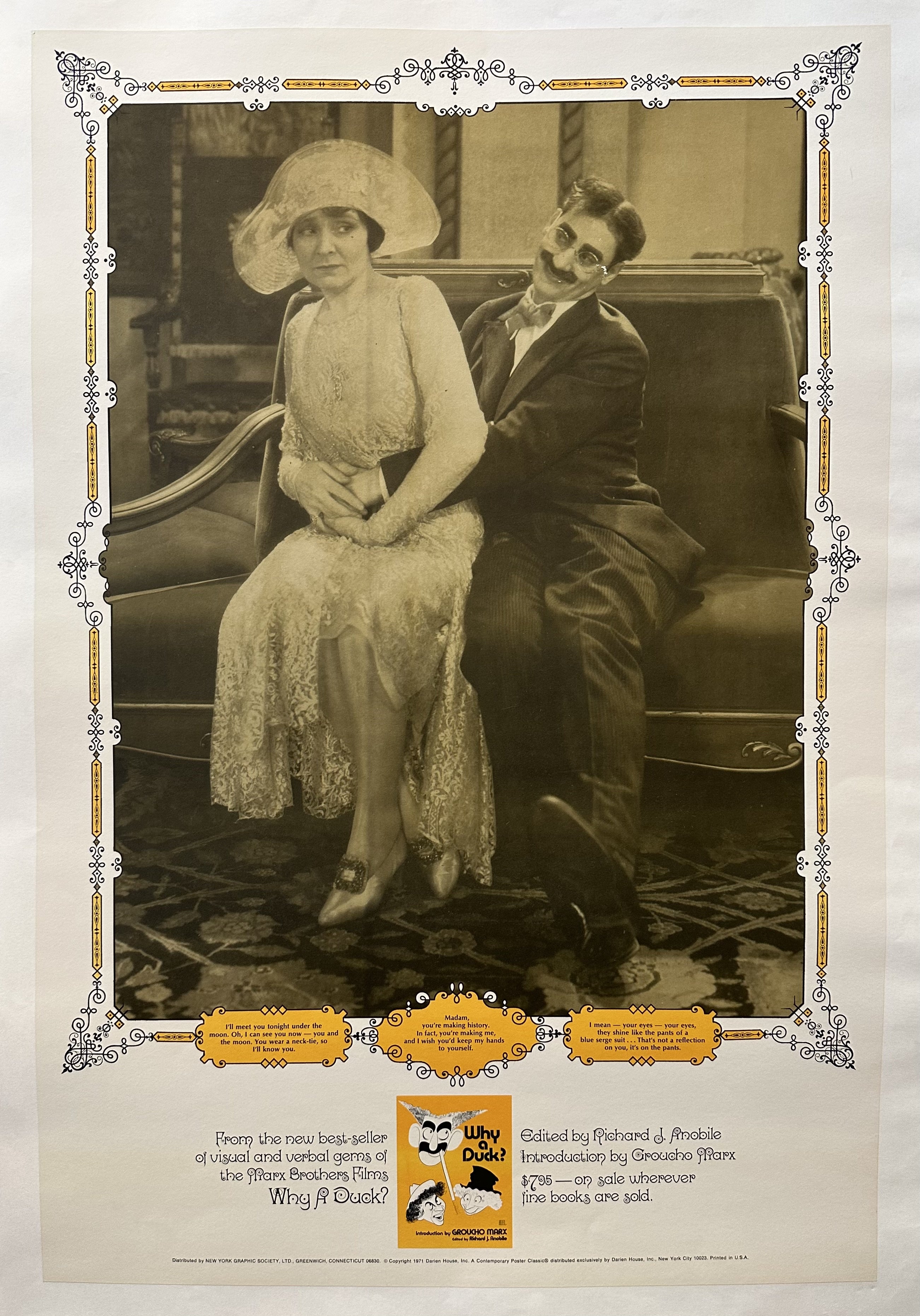 Woman being held around the waist by a man as they are seated. Below them are captions and descriptions of the film.