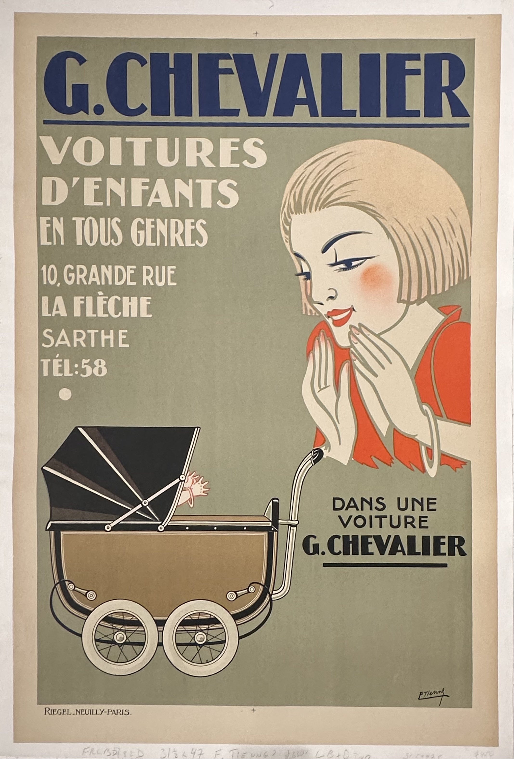 Green poster with beige border, blue text along top and white text underneath with woman looking at a baby stroller lovingly.