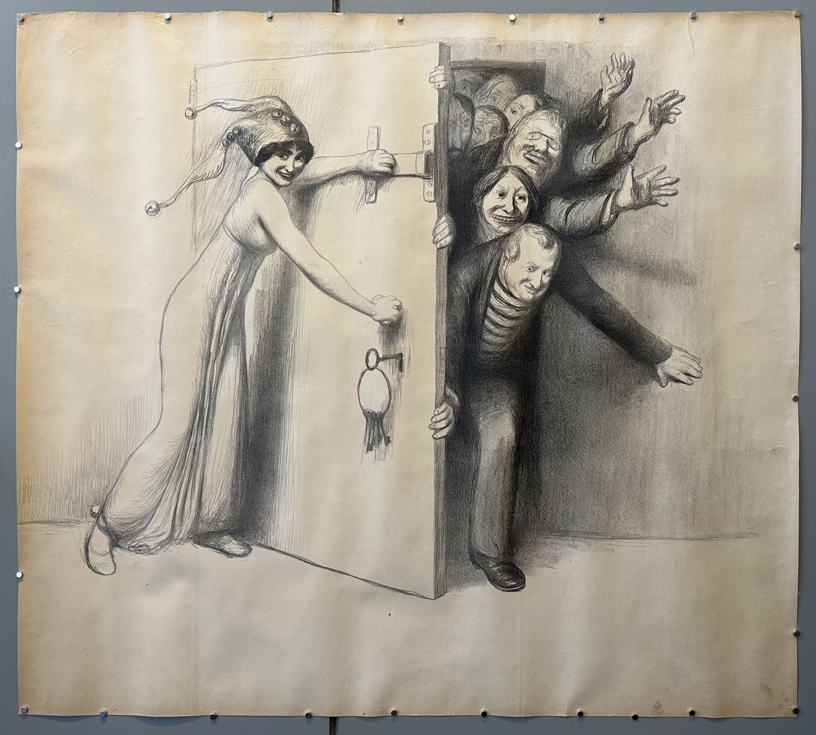 woman closing the door on people