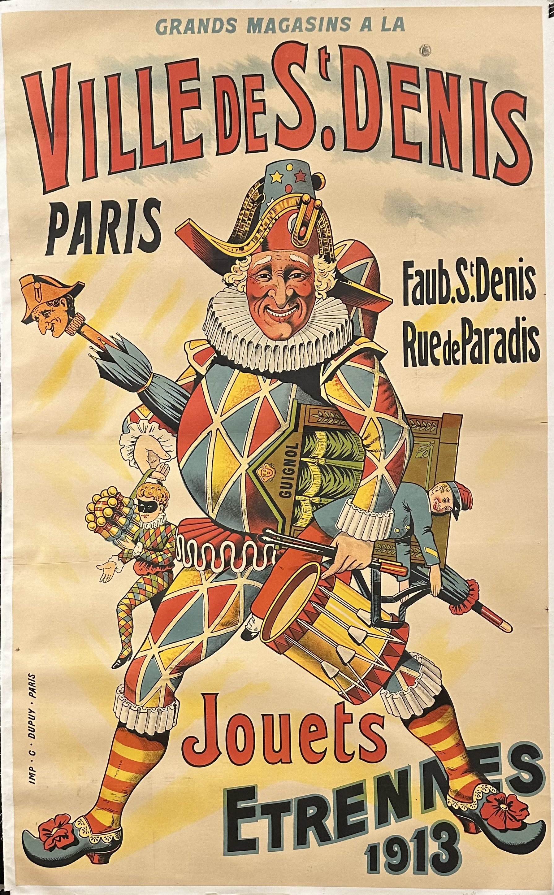 Illustrated jester holds lots of toys in his hands.