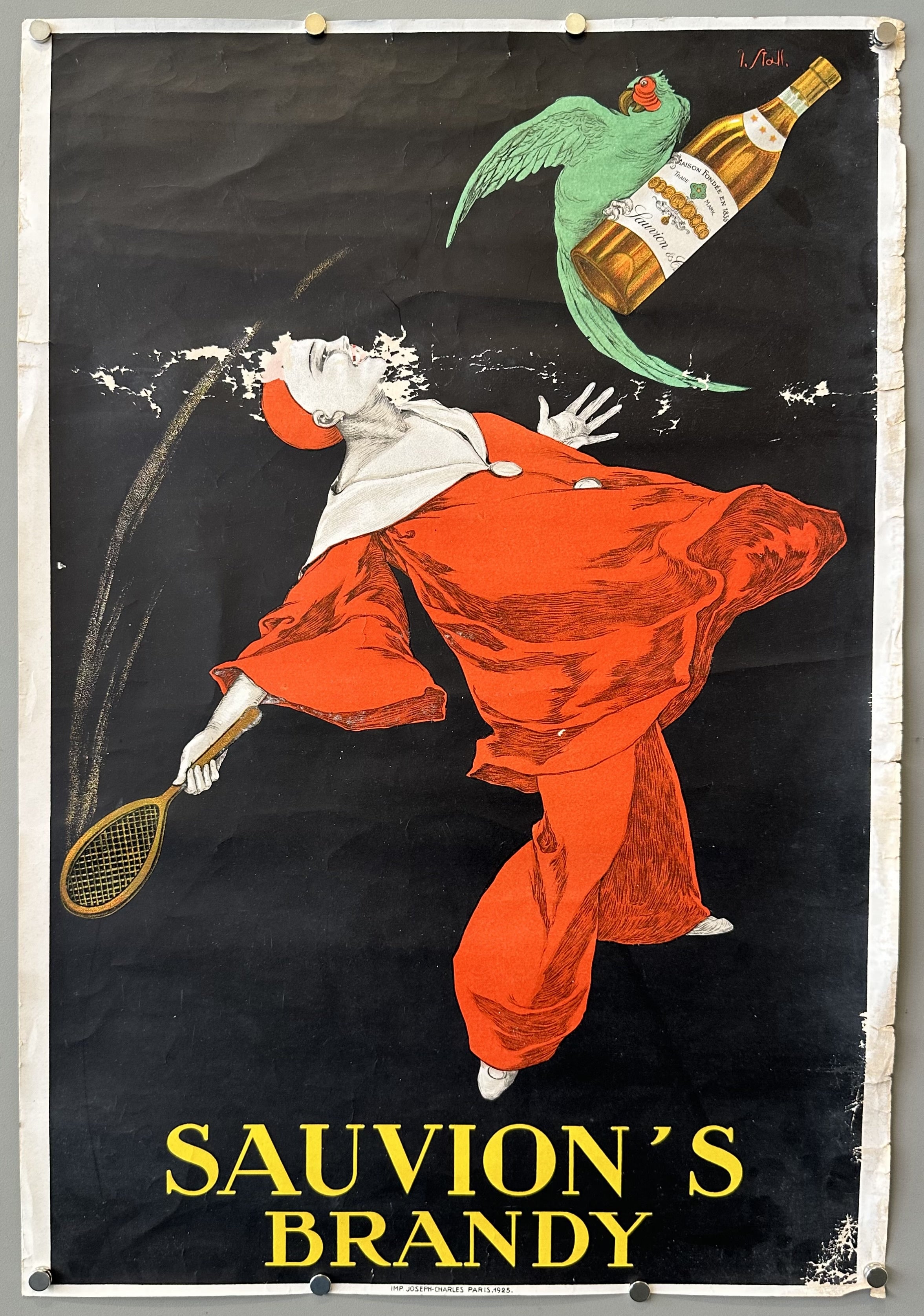 Clown-like figure swings a small racket at a bird carrying a bottle of Sauvion's brandy.