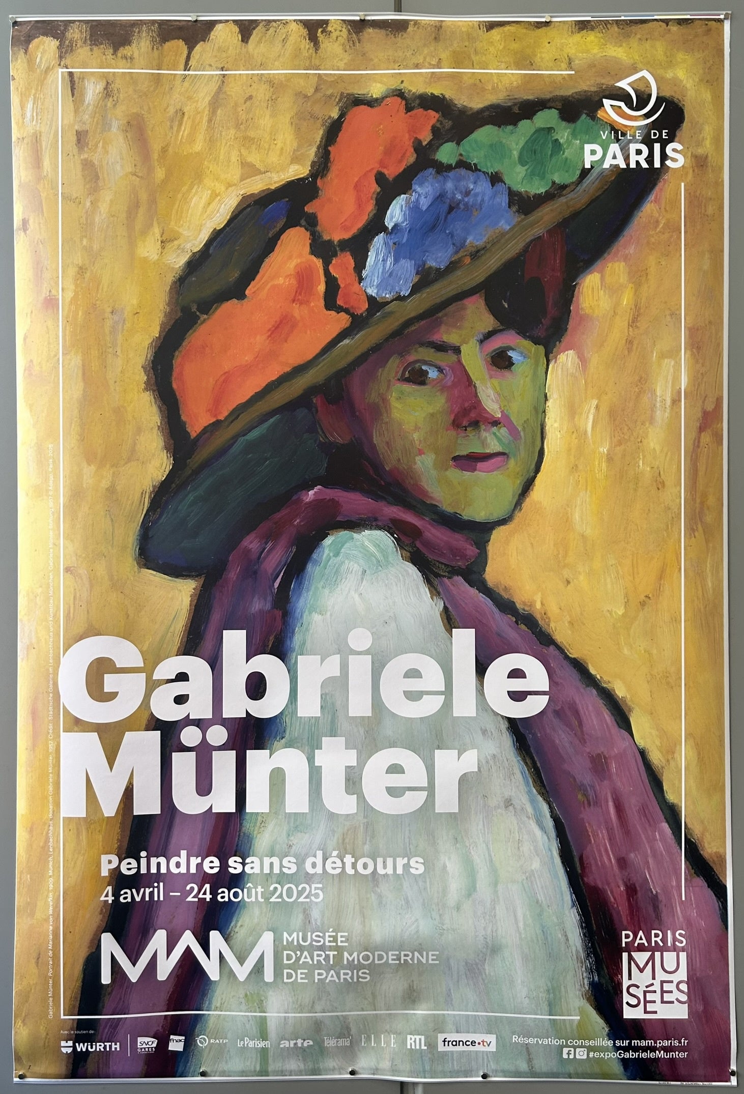 This poster advertises the "Gabriele Münter: Peindre sans détours" (Painting Without Reservations) exhibition at the Musée d'Art Moderne de Paris.