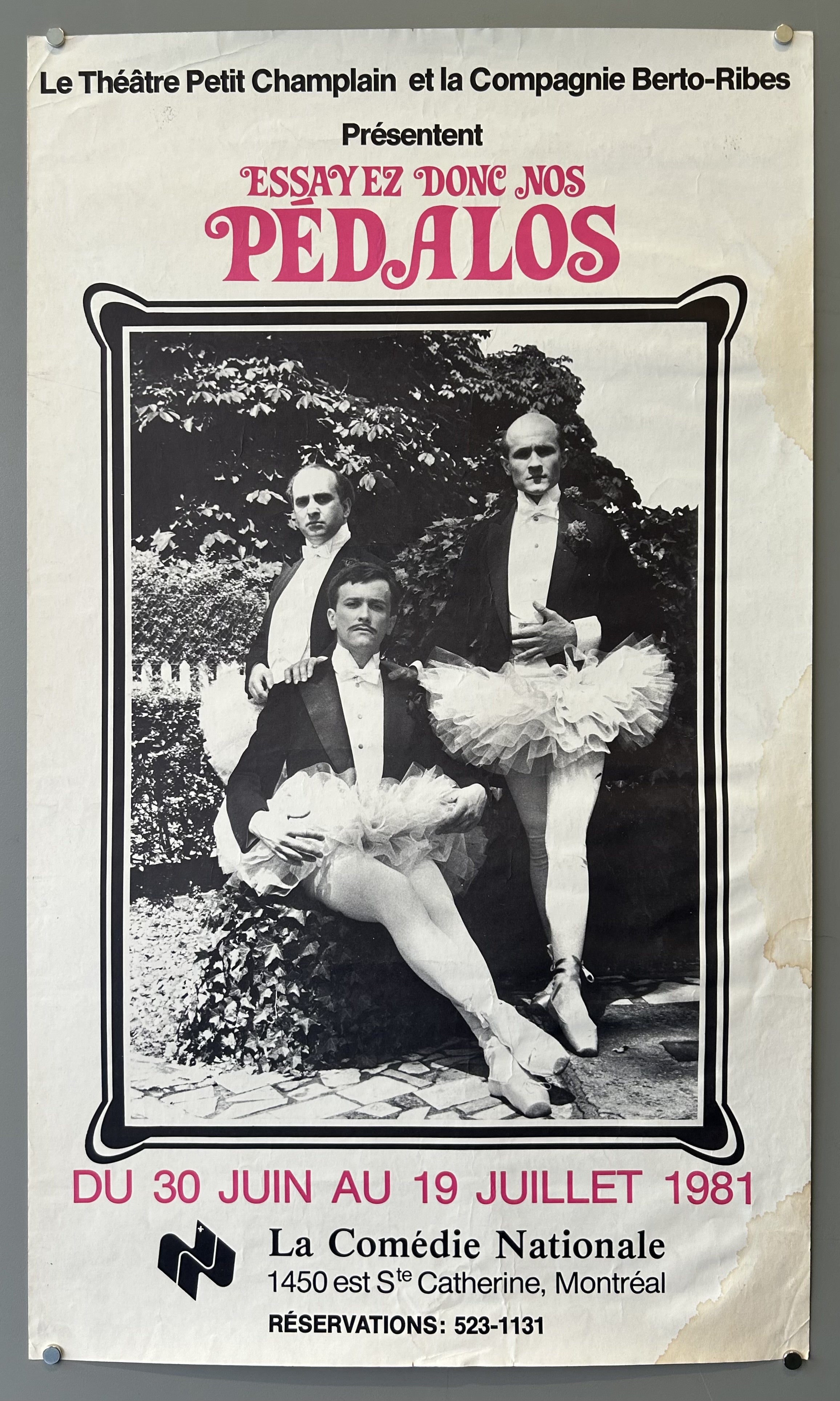 Black and white poster with photograph of three men in tutus for French-Canadian comedic theater troupe.