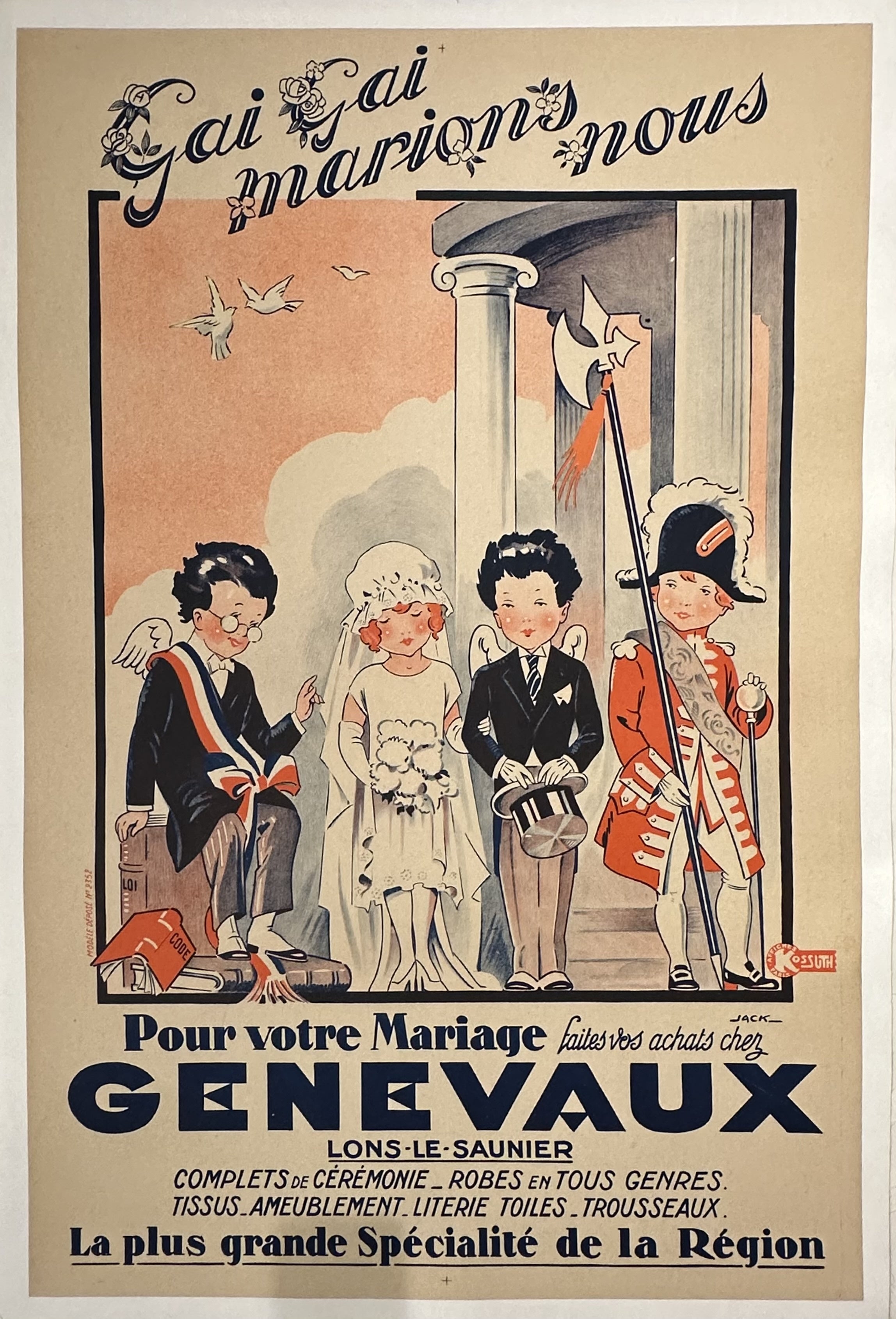 Small illustrated children dressed in wedding attire for French retail store advertisement with black text above and below image.