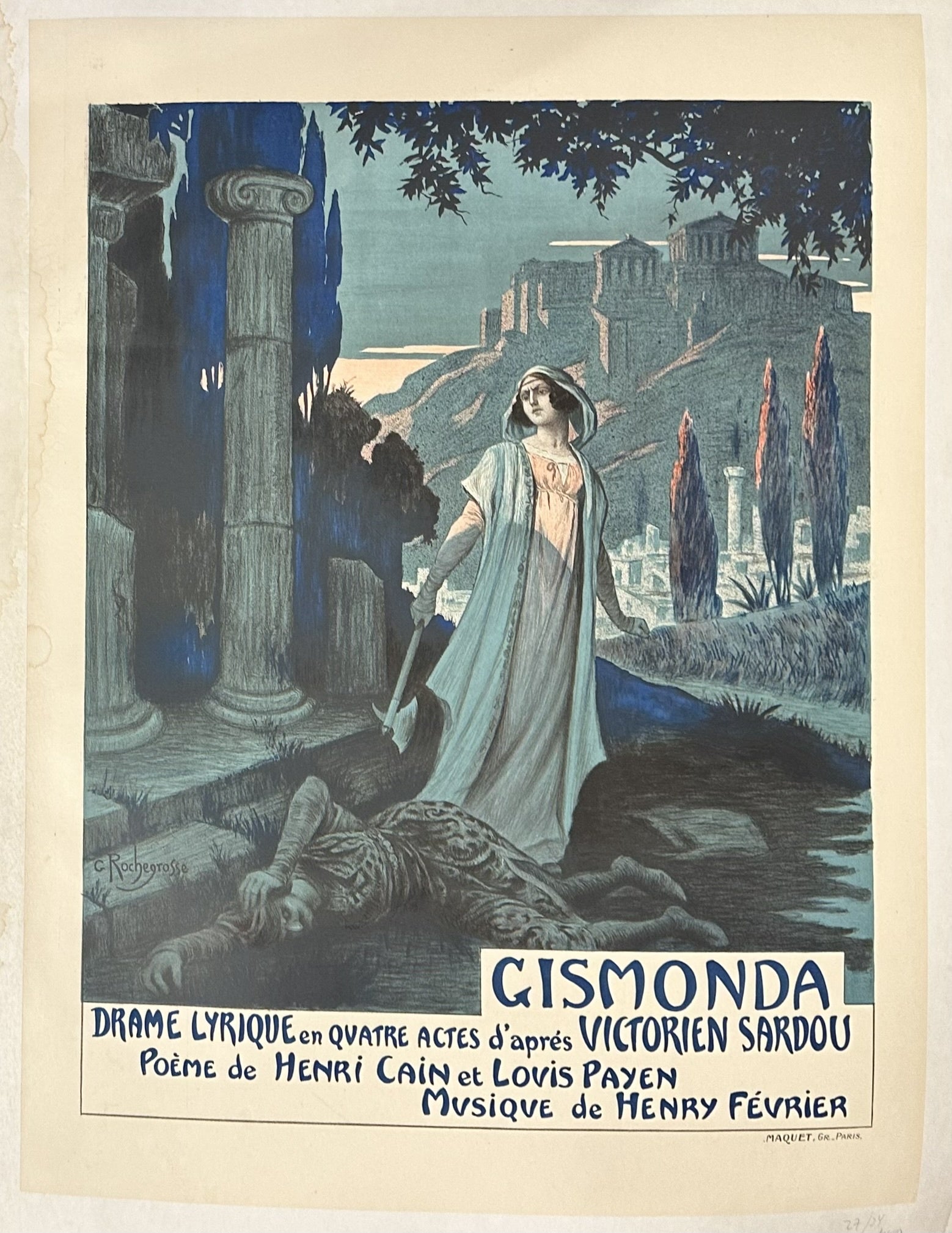 This vintage poster advertises the French lyrical drama "Gismonda," composed by Henry Février, with a libretto by Henri Cain and Louis Payen, based on Victorien Sardou's play.
