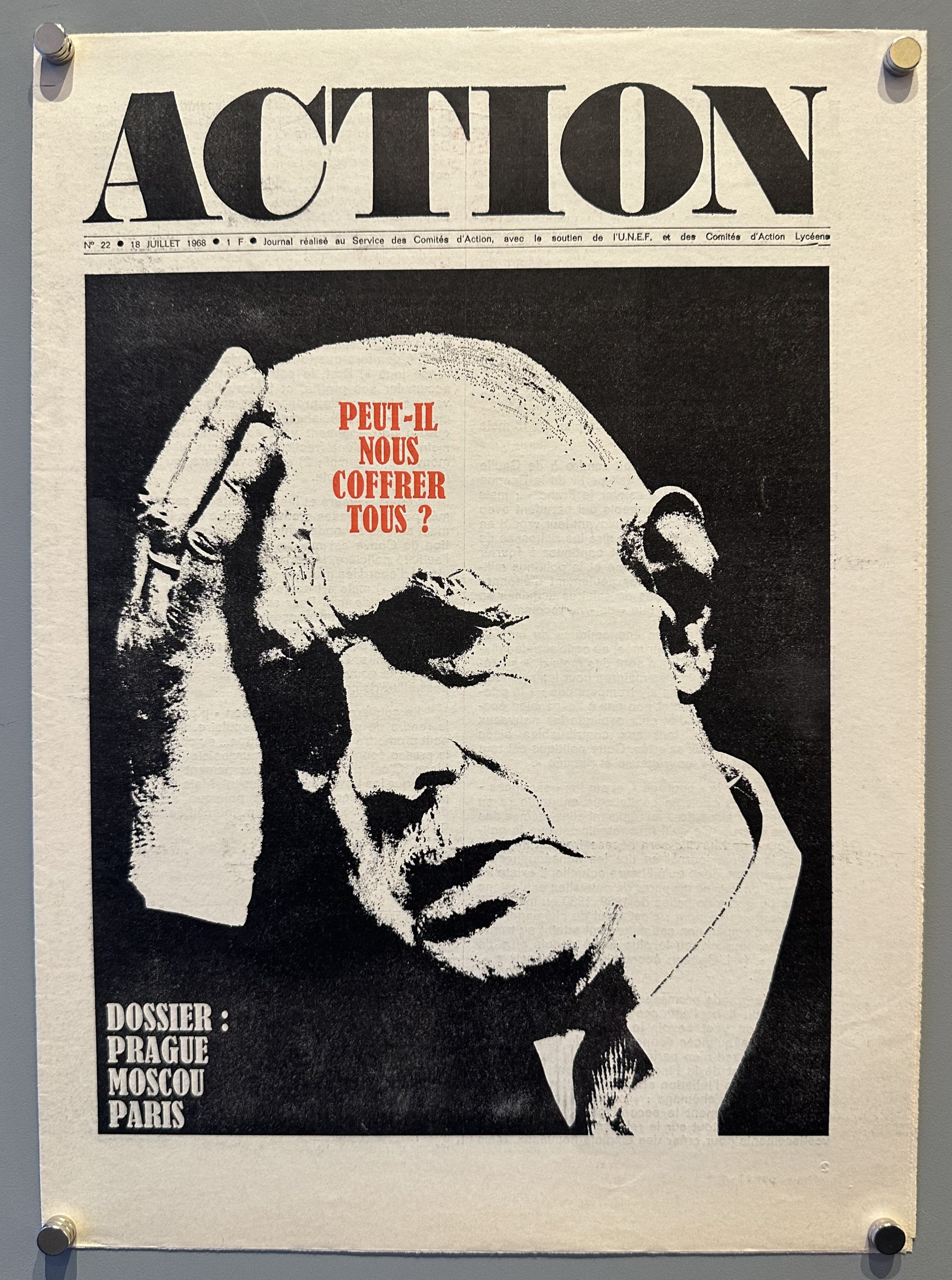 Black and white French newspaper 'Action' with various articles and headlines.