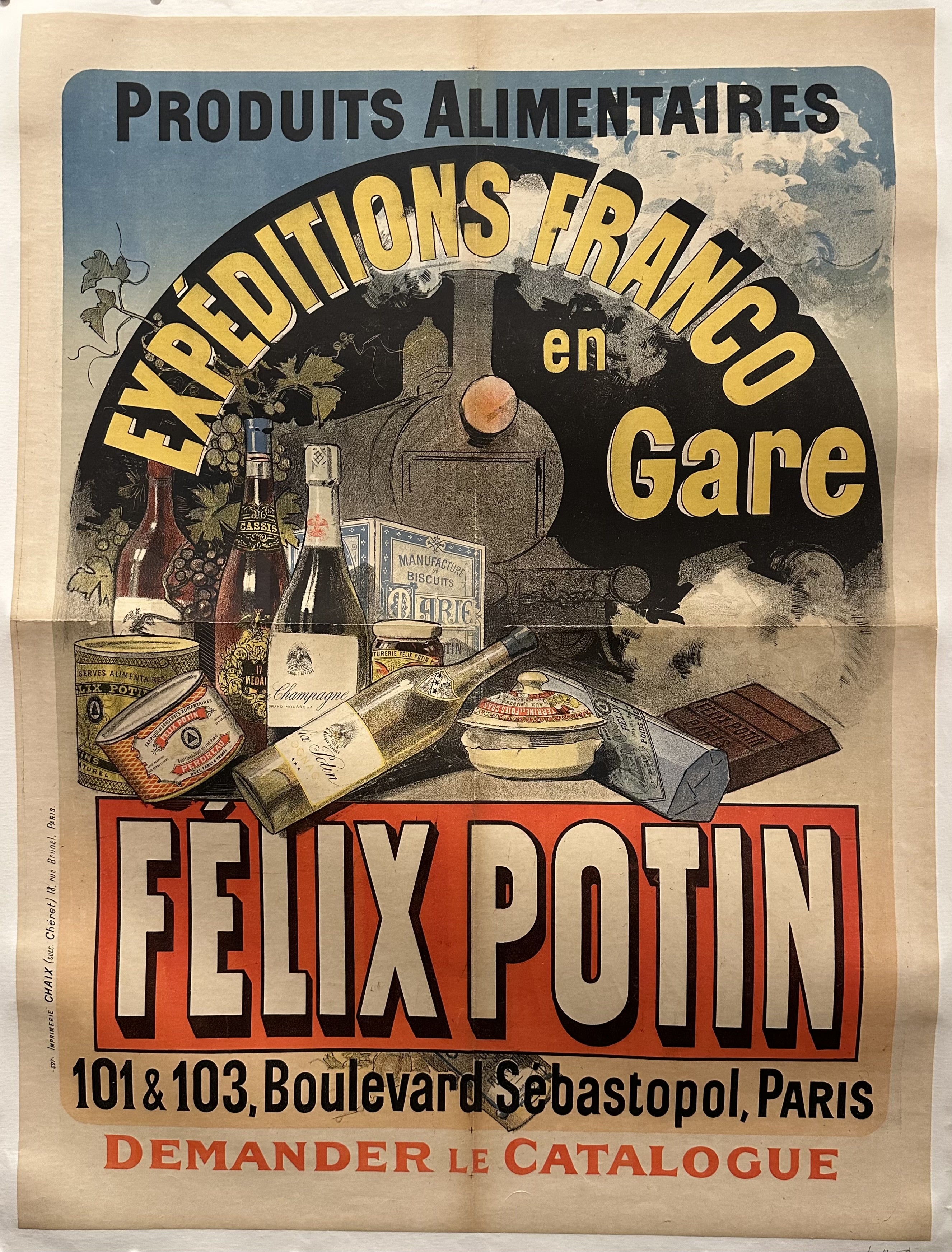 Jules Cheret illustration of a train and various food/beverage products in advertisement for French food wholesaler.