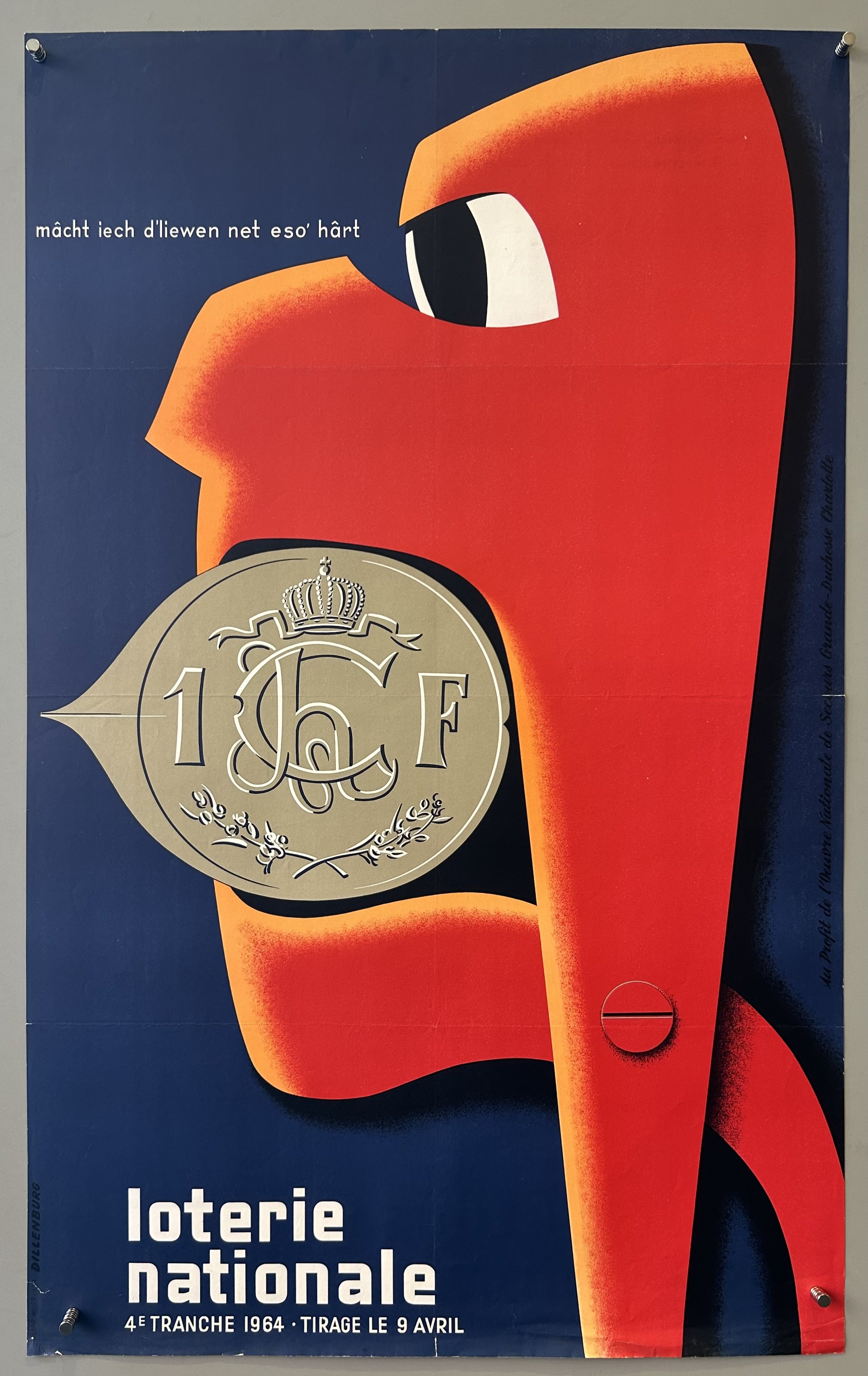 blue background, a cartoon wrench, grading a coin, promoting the  Luxembourgish National Lottery, benefiting the National Relief Work of Grand Duchess Charlotte