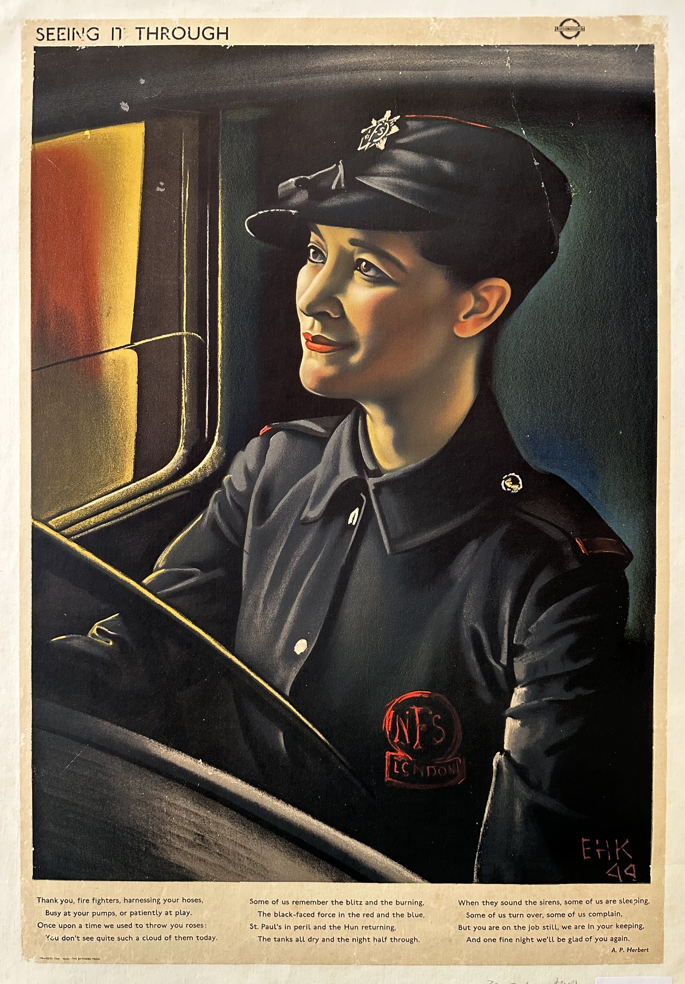 A World War II poster titled 'Seeing It Through'. It depicts a female firefighter in uniform, wearing a helmet, and smiling confidently.