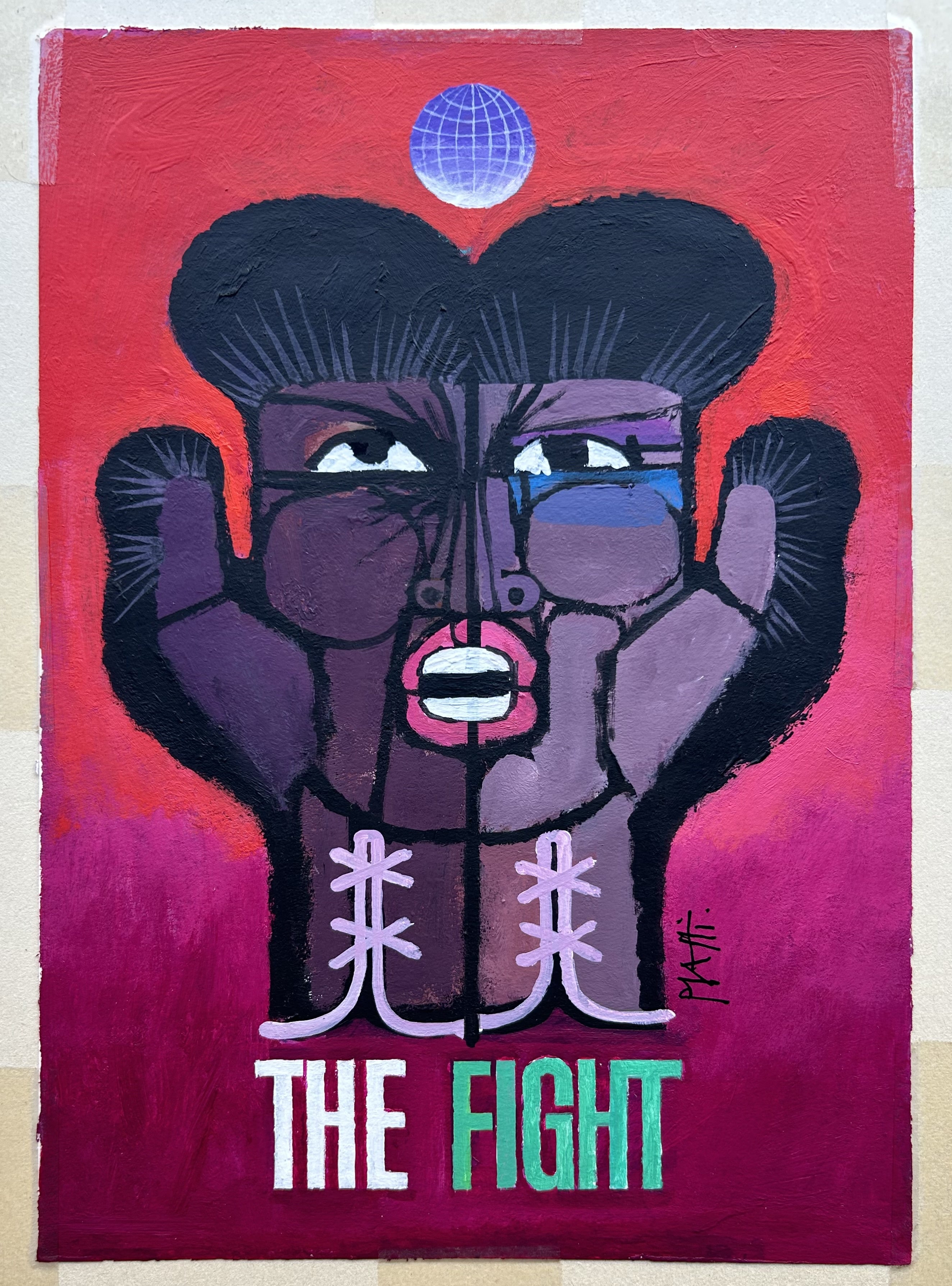 Original artwork of an unused design by Celestino Piatti for a boxing match featuring a pink background and a purple figure looking up angrily.