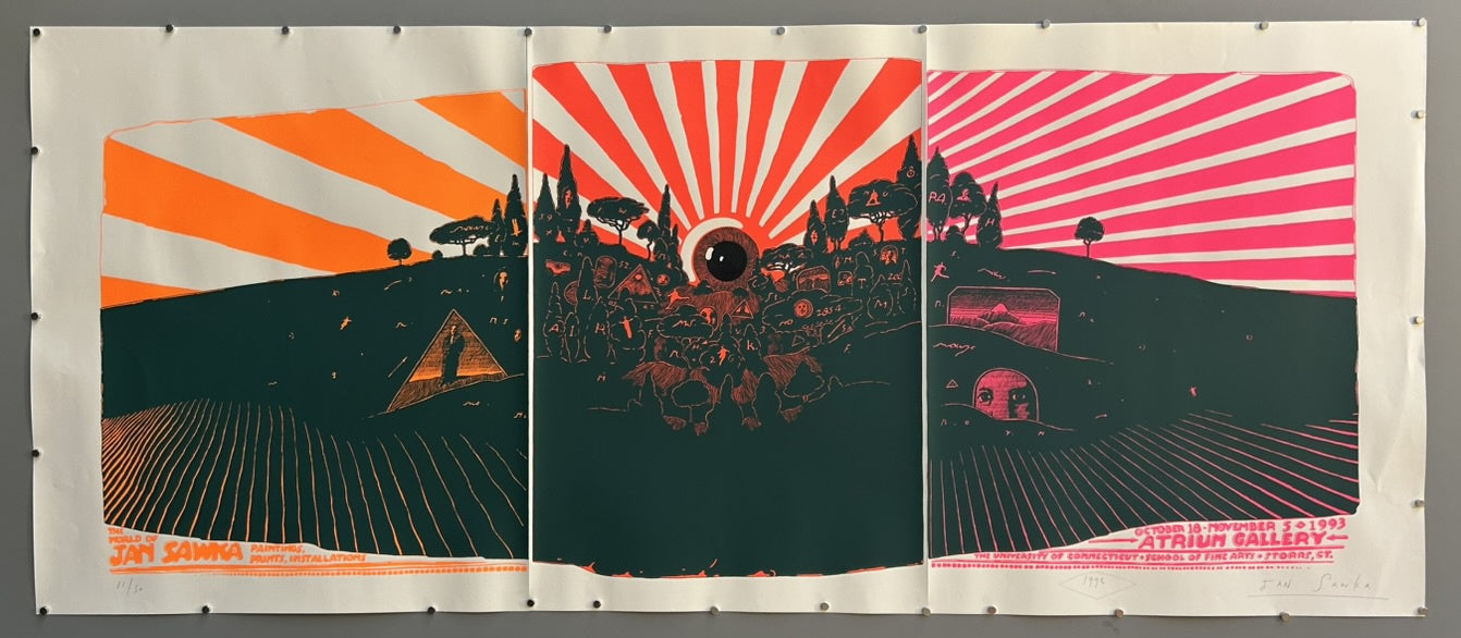 The poster is a triptych, divided into three distinct panels, each featuring a landscape with a prominent sky in vibrant colors (orange, red, and pink)